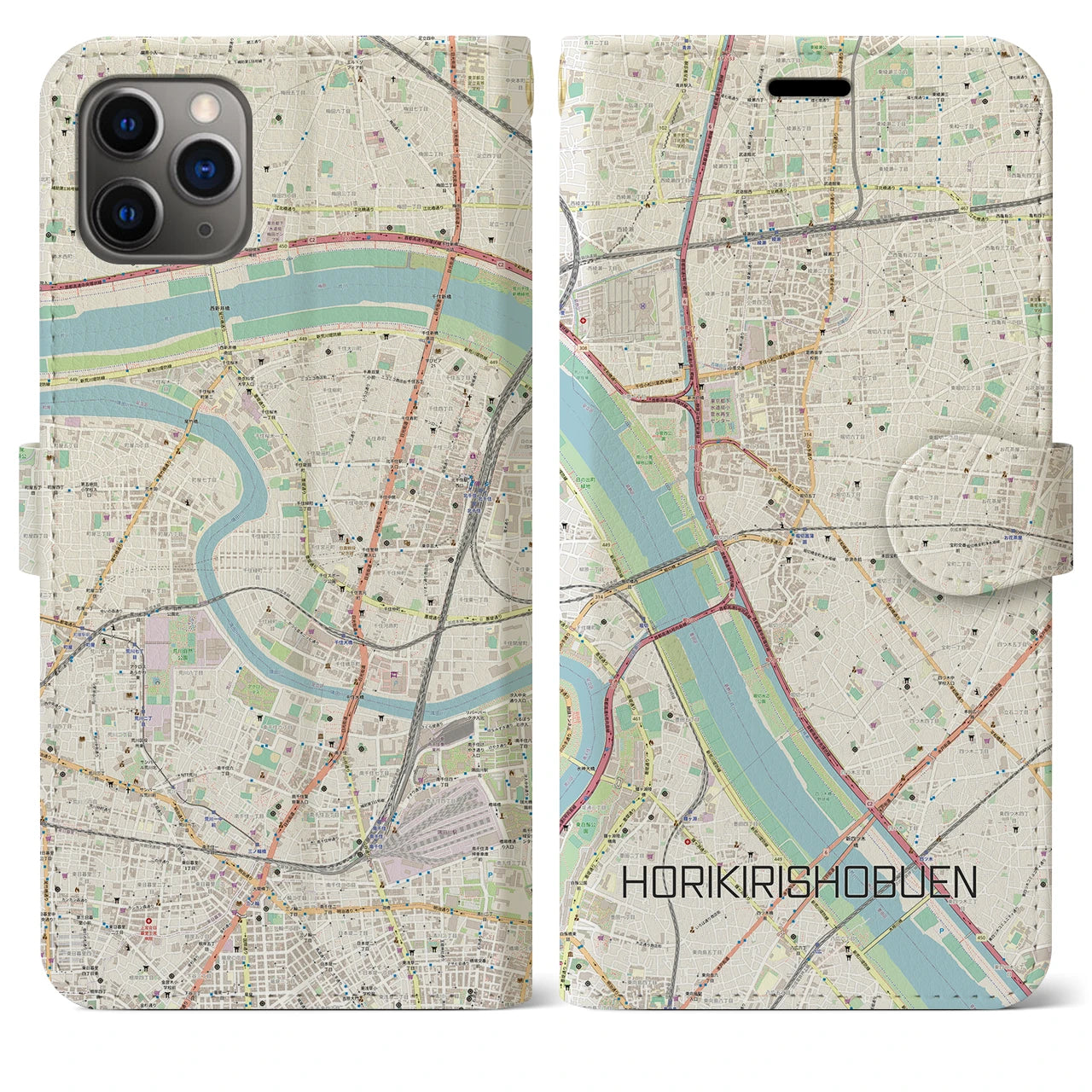 【堀切菖蒲園】地図柄iPhoneケース（手帳両面タイプ・ナチュラル）iPhone 11 Pro Max 用