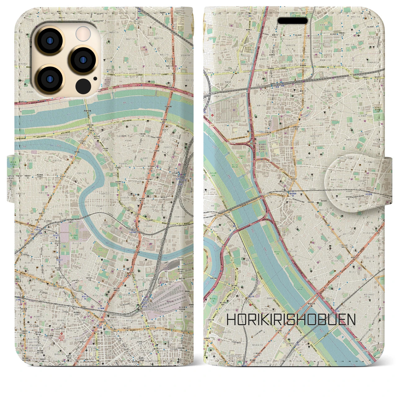 【堀切菖蒲園】地図柄iPhoneケース（手帳両面タイプ・ナチュラル）iPhone 12 Pro Max 用