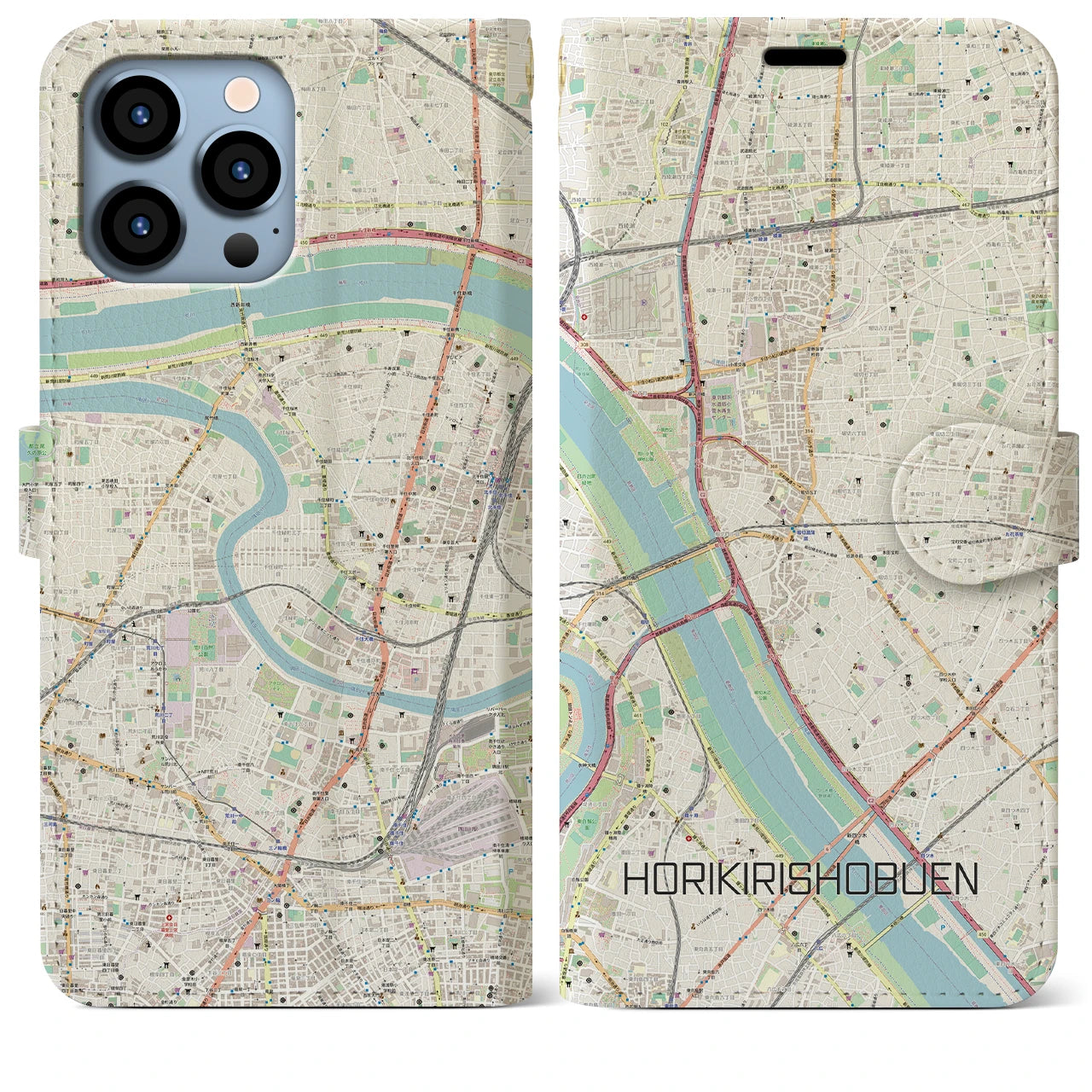 【堀切菖蒲園】地図柄iPhoneケース（手帳両面タイプ・ナチュラル）iPhone 13 Pro Max 用