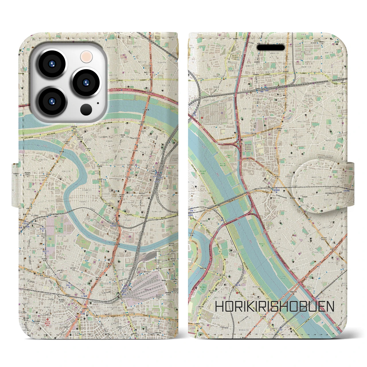 【堀切菖蒲園】地図柄iPhoneケース（手帳両面タイプ・ナチュラル）iPhone 13 Pro 用