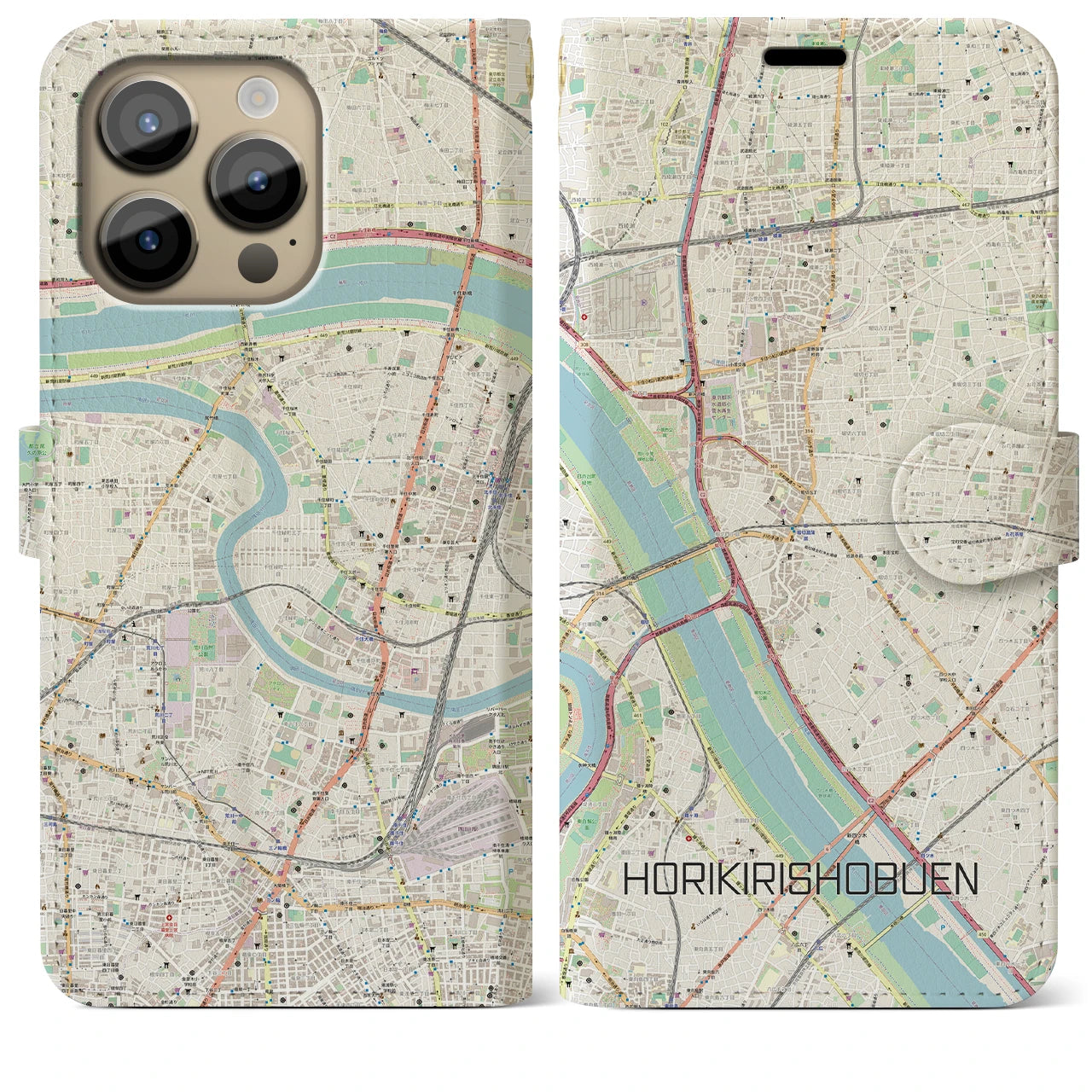 【堀切菖蒲園】地図柄iPhoneケース（手帳両面タイプ・ナチュラル）iPhone 14 Pro Max 用