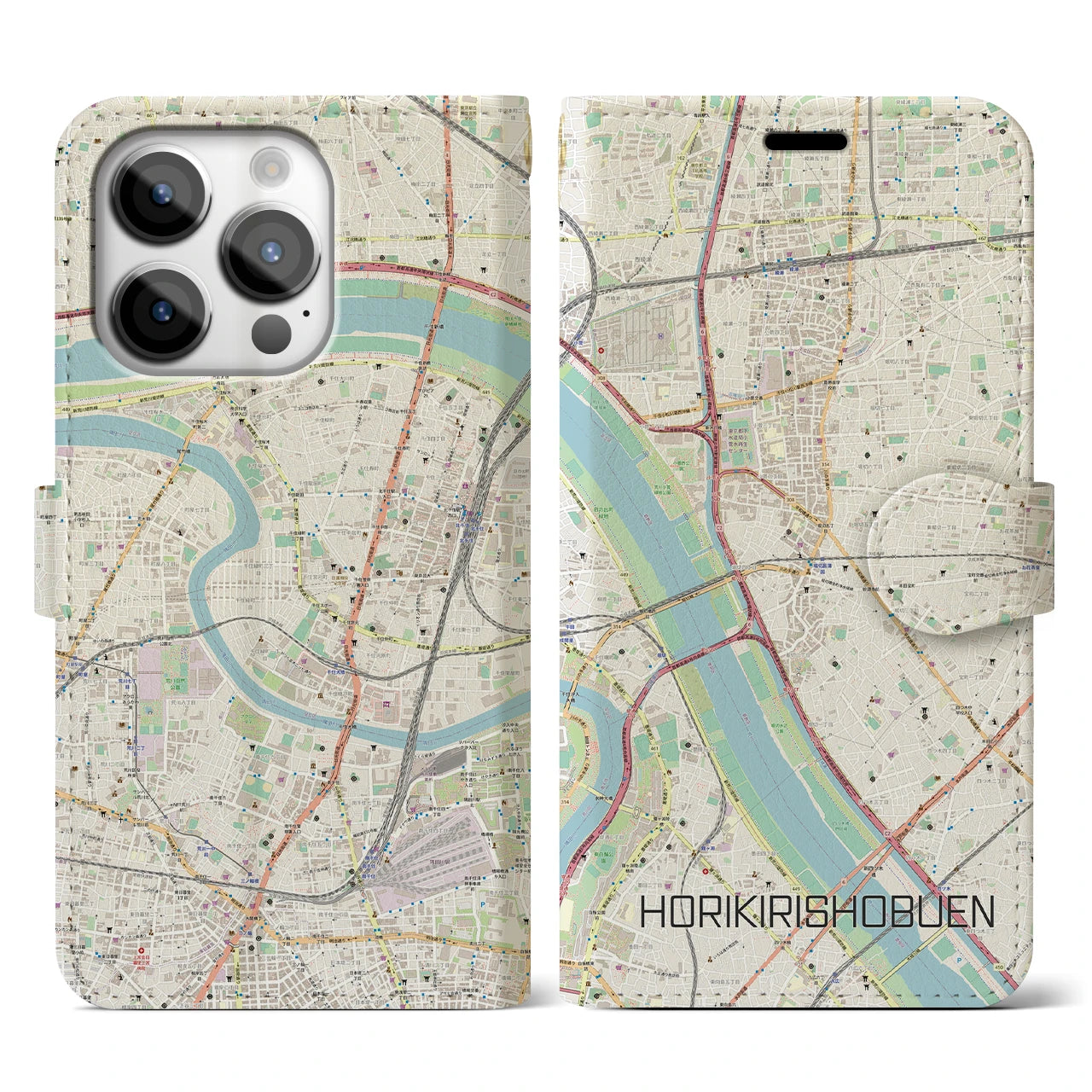 【堀切菖蒲園】地図柄iPhoneケース（手帳両面タイプ・ナチュラル）iPhone 14 Pro 用