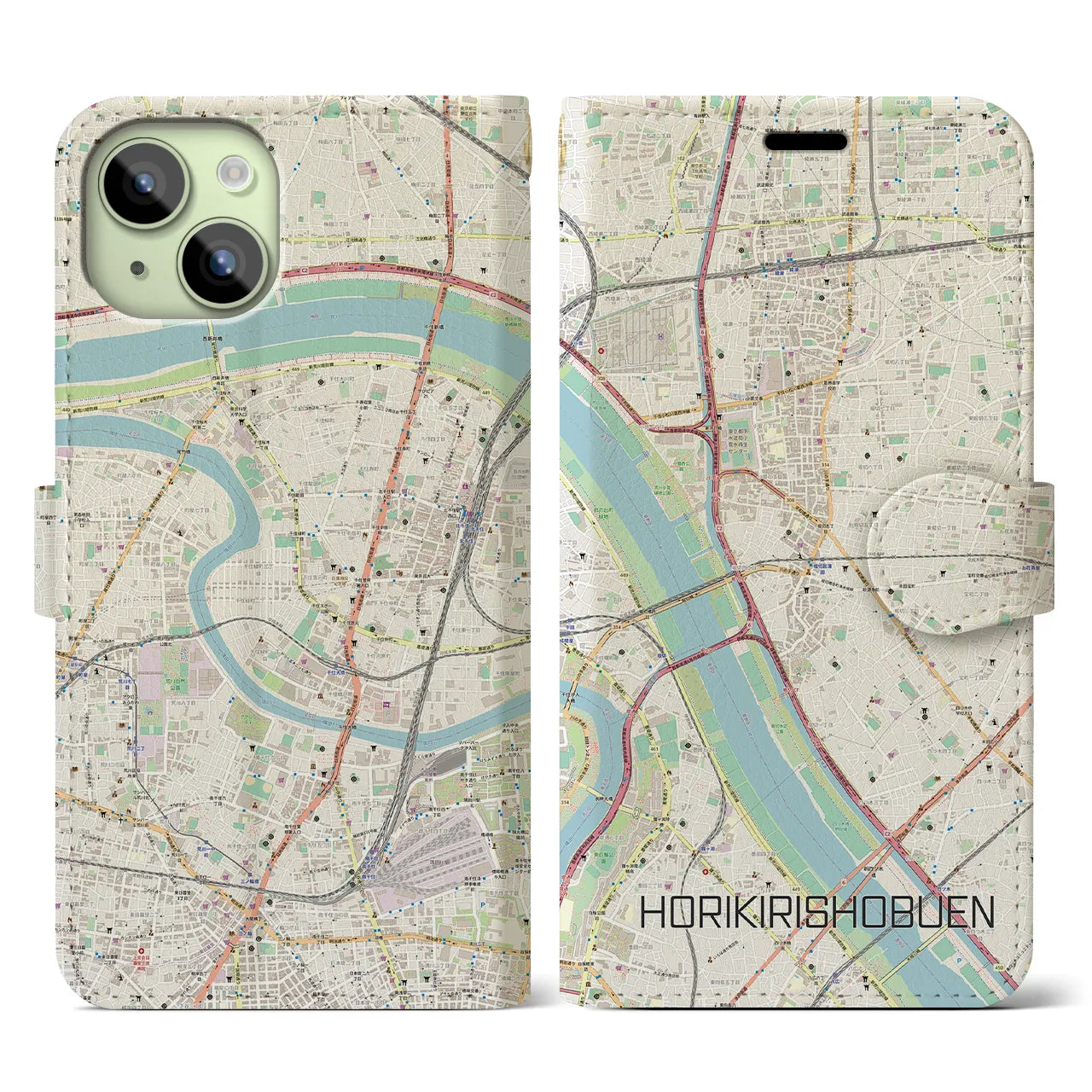 【堀切菖蒲園】地図柄iPhoneケース（手帳両面タイプ・ナチュラル）iPhone 15 用