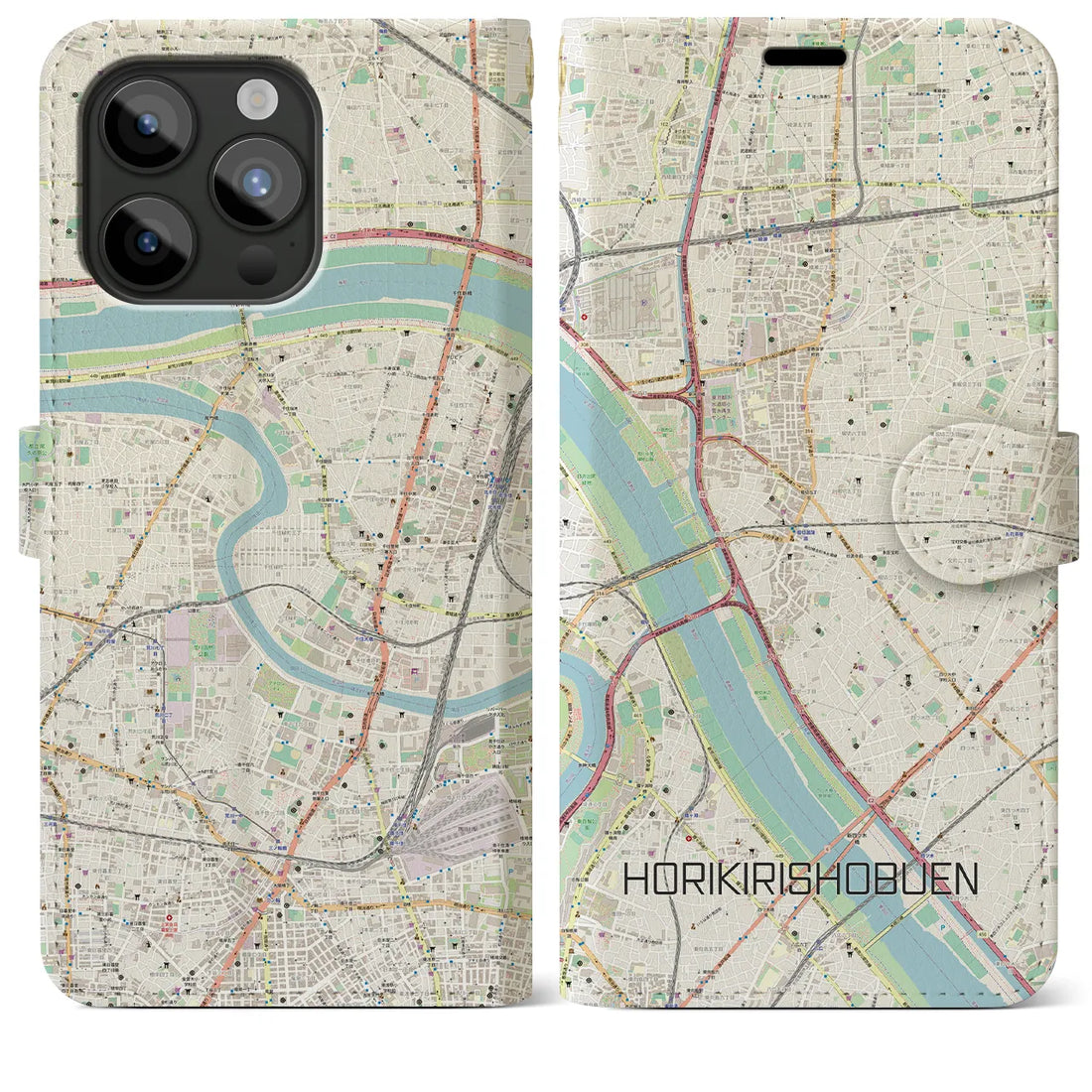 【堀切菖蒲園】地図柄iPhoneケース（手帳両面タイプ・ナチュラル）iPhone 15 Pro Max 用
