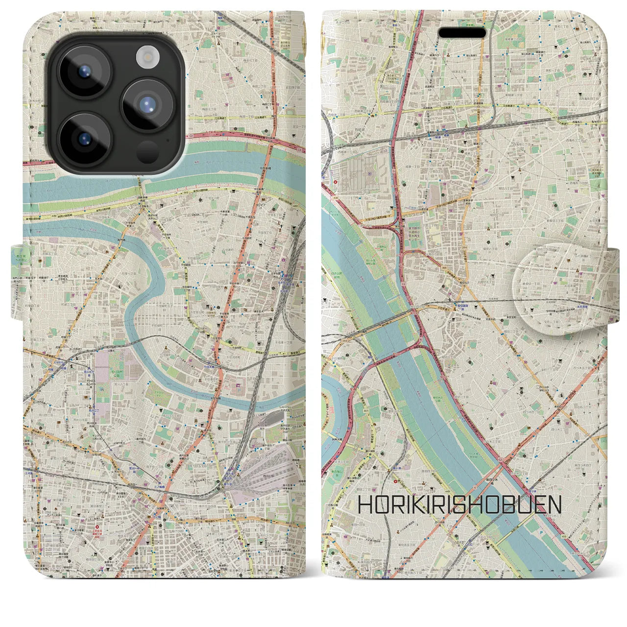【堀切菖蒲園】地図柄iPhoneケース（手帳両面タイプ・ナチュラル）iPhone 15 Pro Max 用