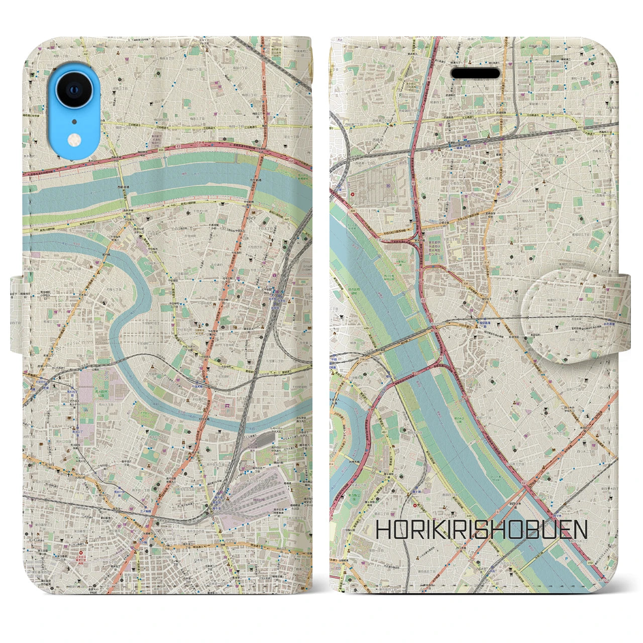 【堀切菖蒲園】地図柄iPhoneケース（手帳両面タイプ・ナチュラル）iPhone XR 用