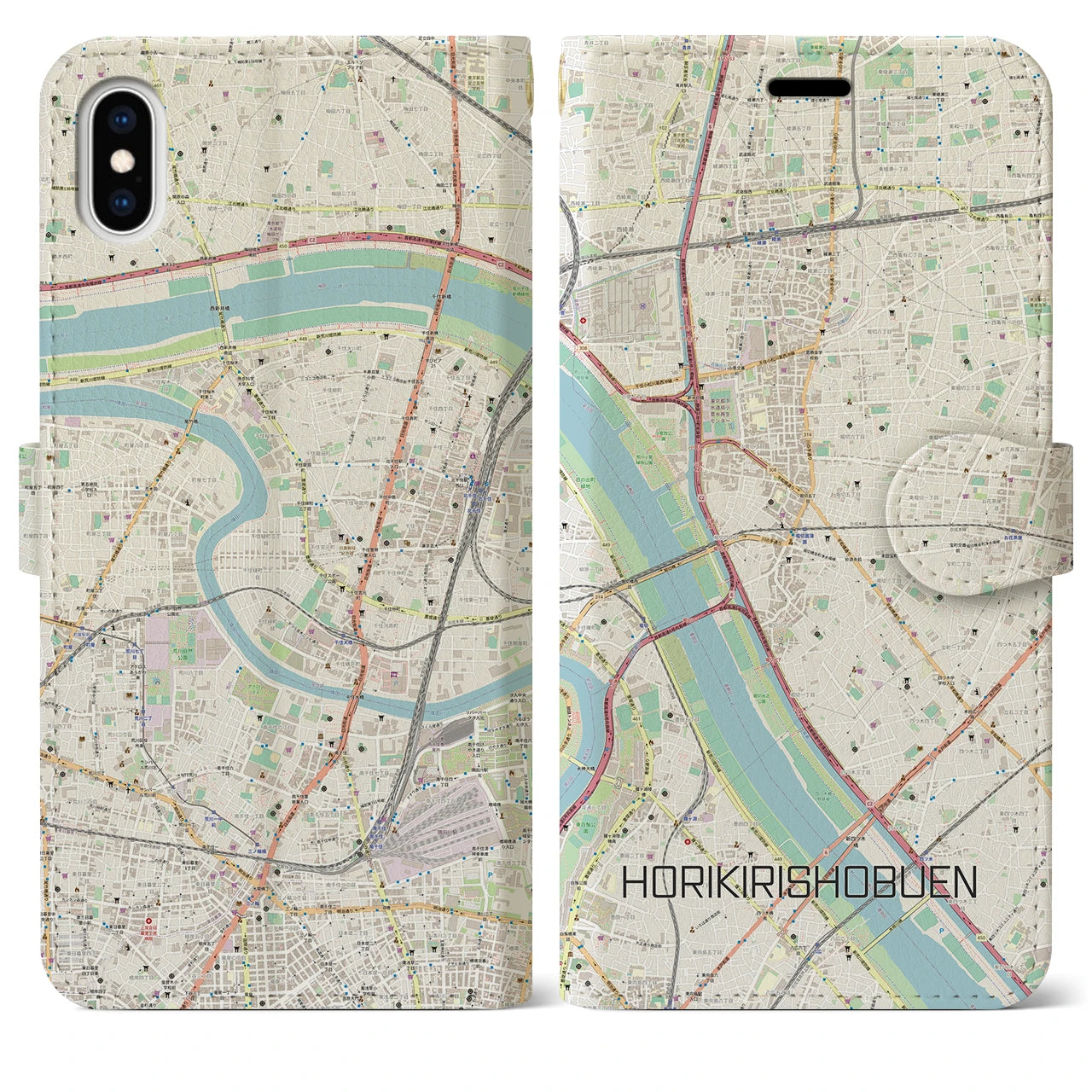 【堀切菖蒲園】地図柄iPhoneケース（手帳両面タイプ・ナチュラル）iPhone XS Max 用