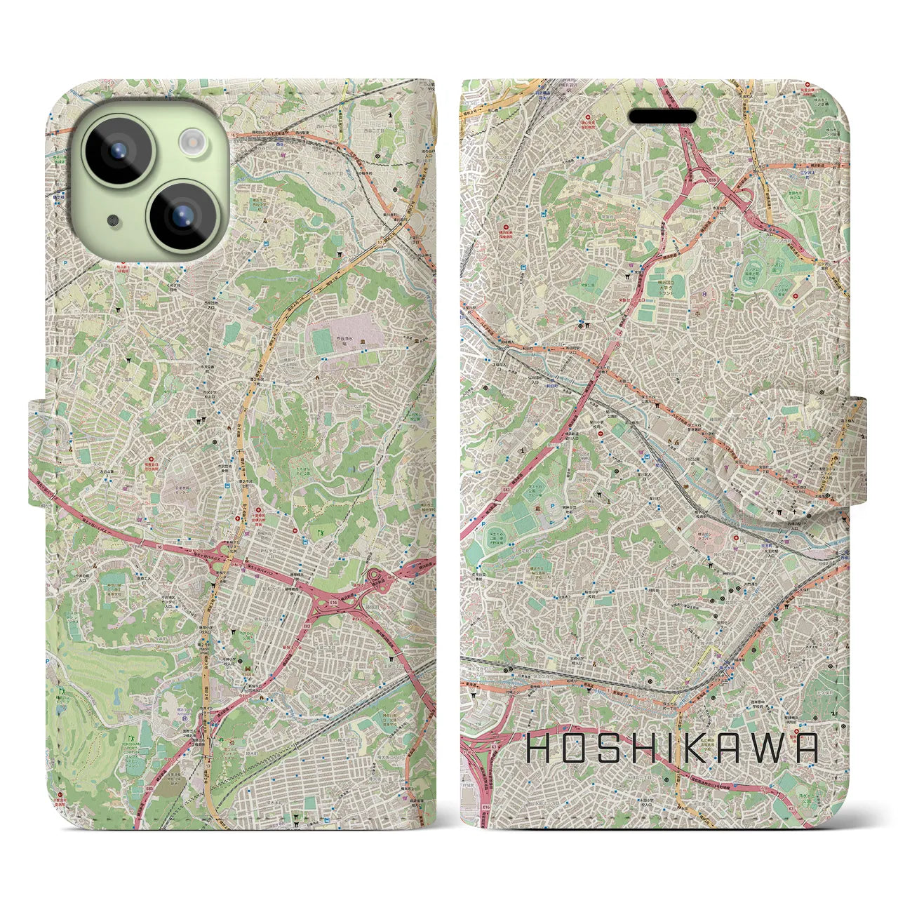 【星川】地図柄iPhoneケース（手帳両面タイプ・ナチュラル）iPhone 15 用