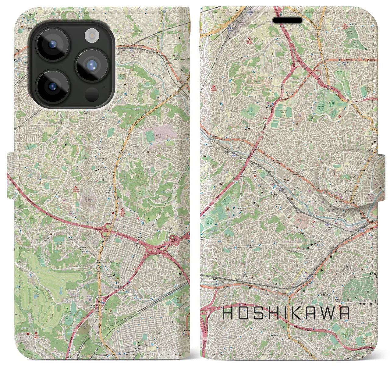 【星川】地図柄iPhoneケース（手帳両面タイプ・ナチュラル）iPhone 15 Pro Max 用