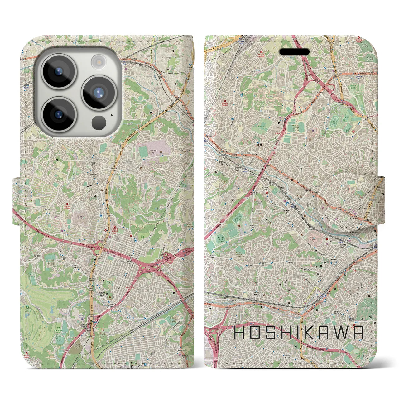 【星川】地図柄iPhoneケース（手帳両面タイプ・ナチュラル）iPhone 15 Pro 用