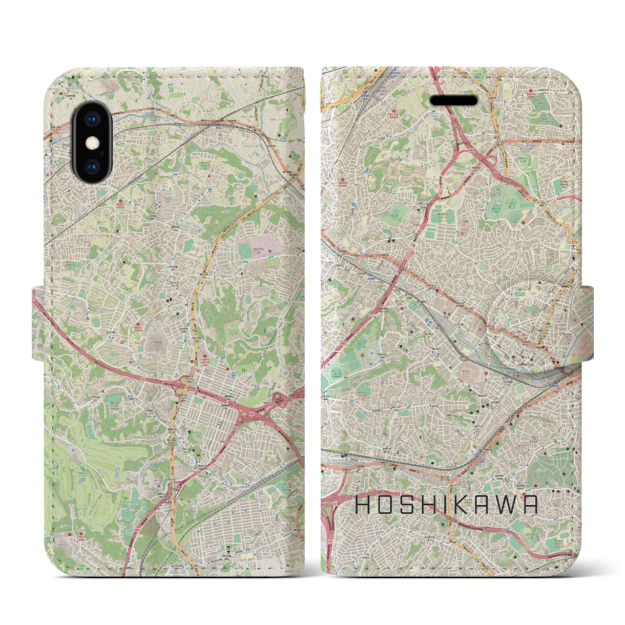 【星川】地図柄iPhoneケース（手帳両面タイプ・ナチュラル）iPhone XS / X 用
