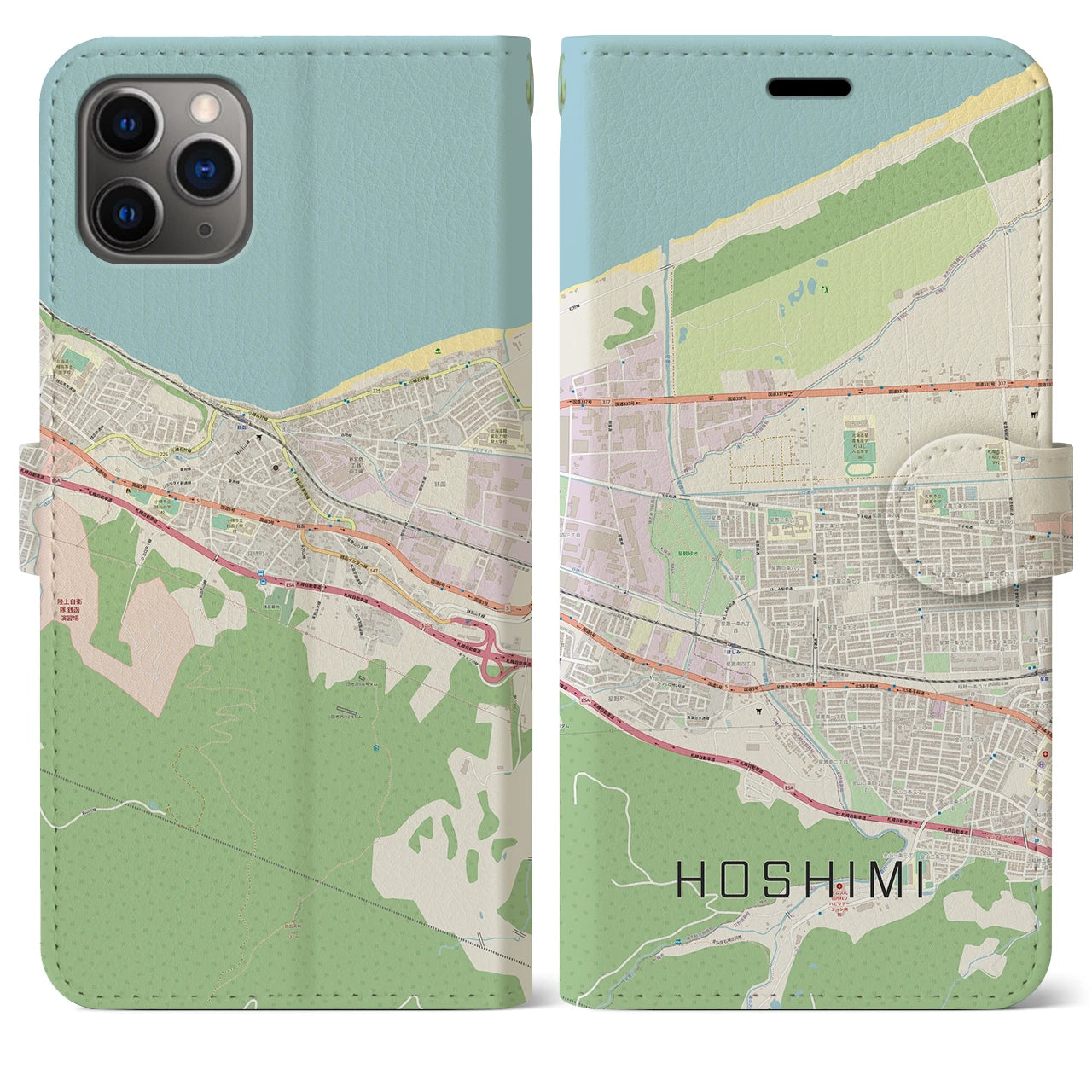 【ほしみ】地図柄iPhoneケース（手帳両面タイプ・ナチュラル）iPhone 11 Pro Max 用