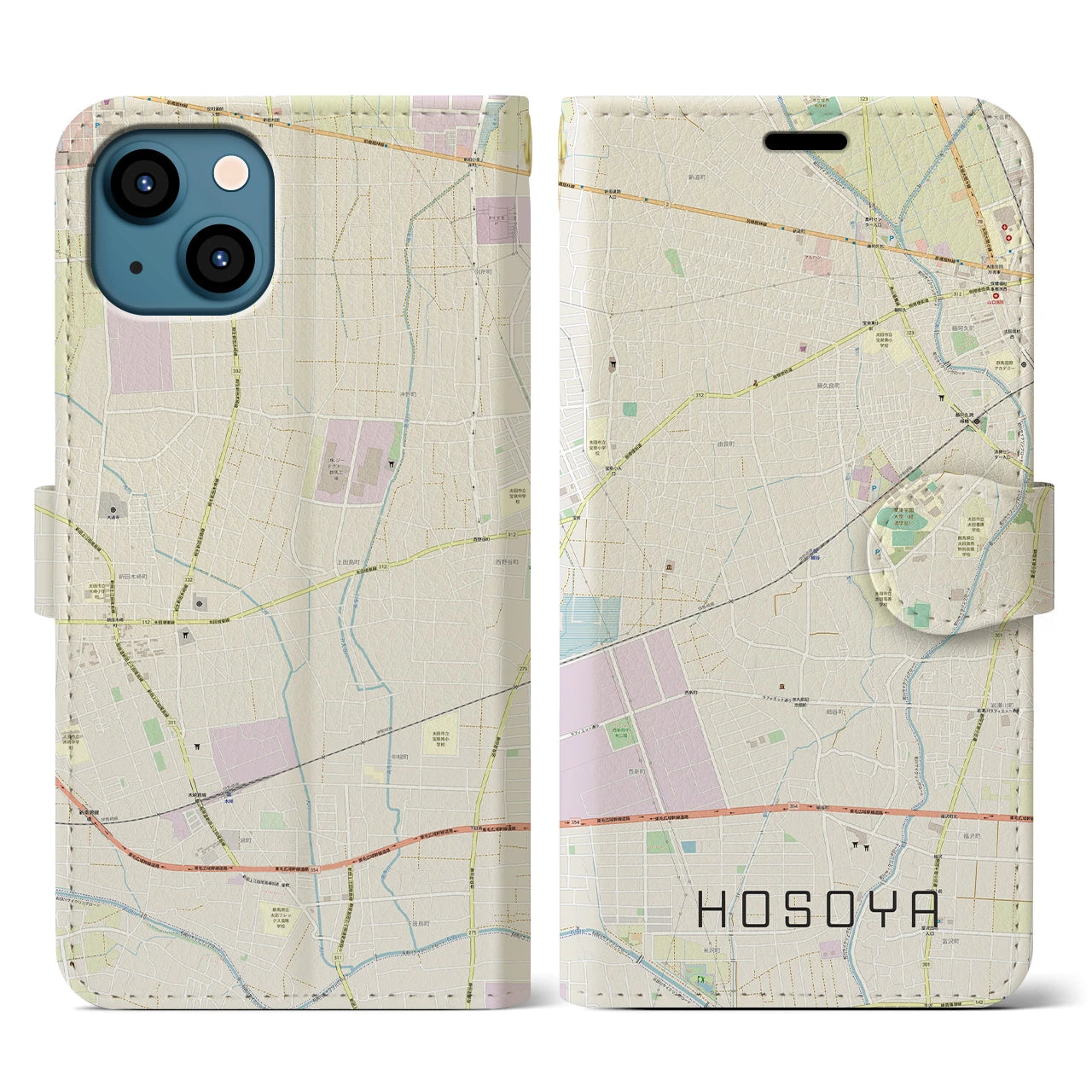 【細谷】地図柄iPhoneケース（手帳両面タイプ・ナチュラル）iPhone 13 用