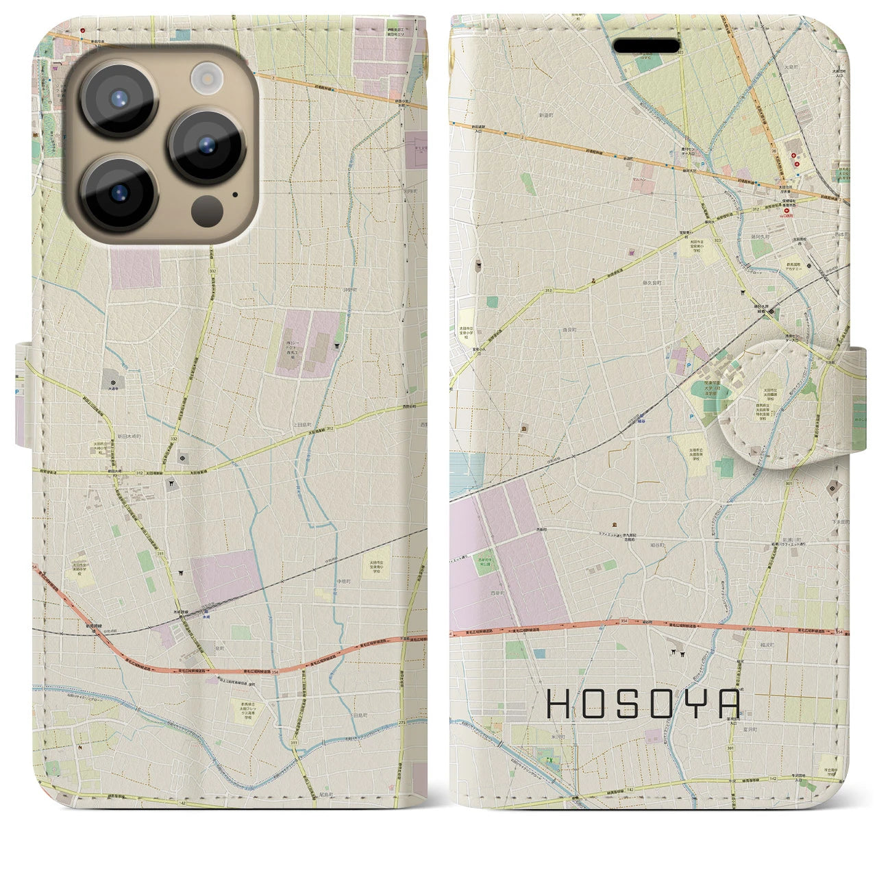 【細谷】地図柄iPhoneケース（手帳両面タイプ・ナチュラル）iPhone 14 Pro Max 用