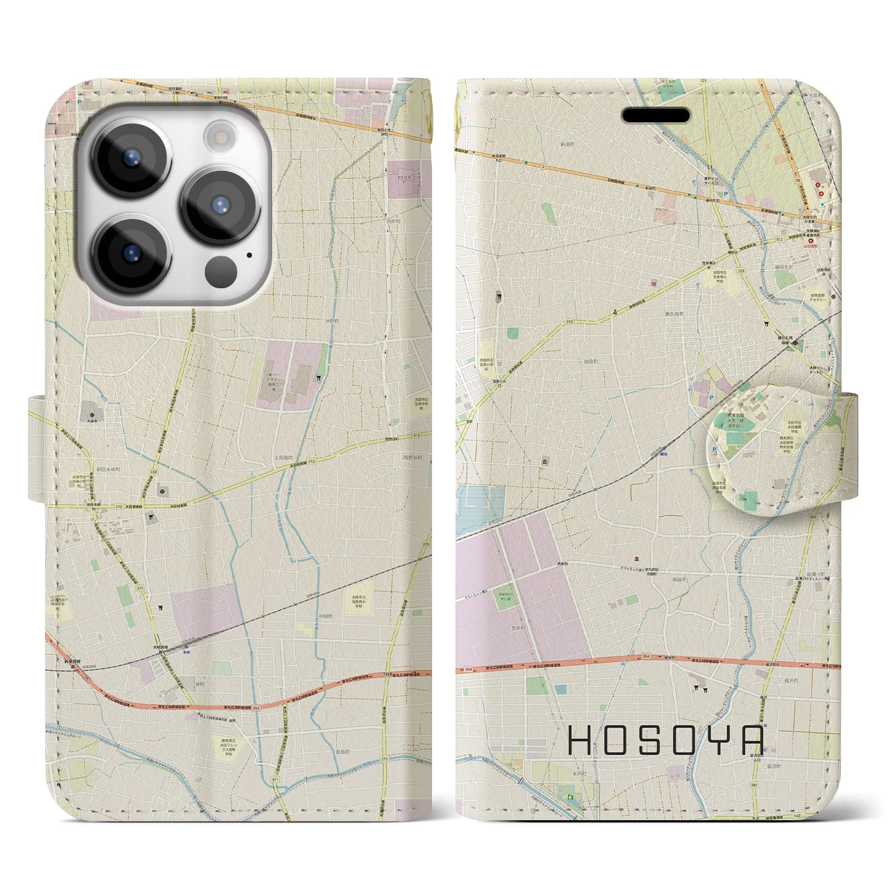 【細谷】地図柄iPhoneケース（手帳両面タイプ・ナチュラル）iPhone 14 Pro 用