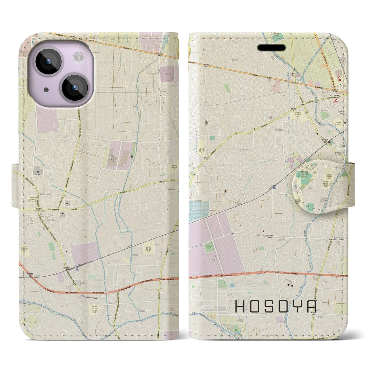 【細谷】地図柄iPhoneケース（手帳両面タイプ・ナチュラル）iPhone 14 用