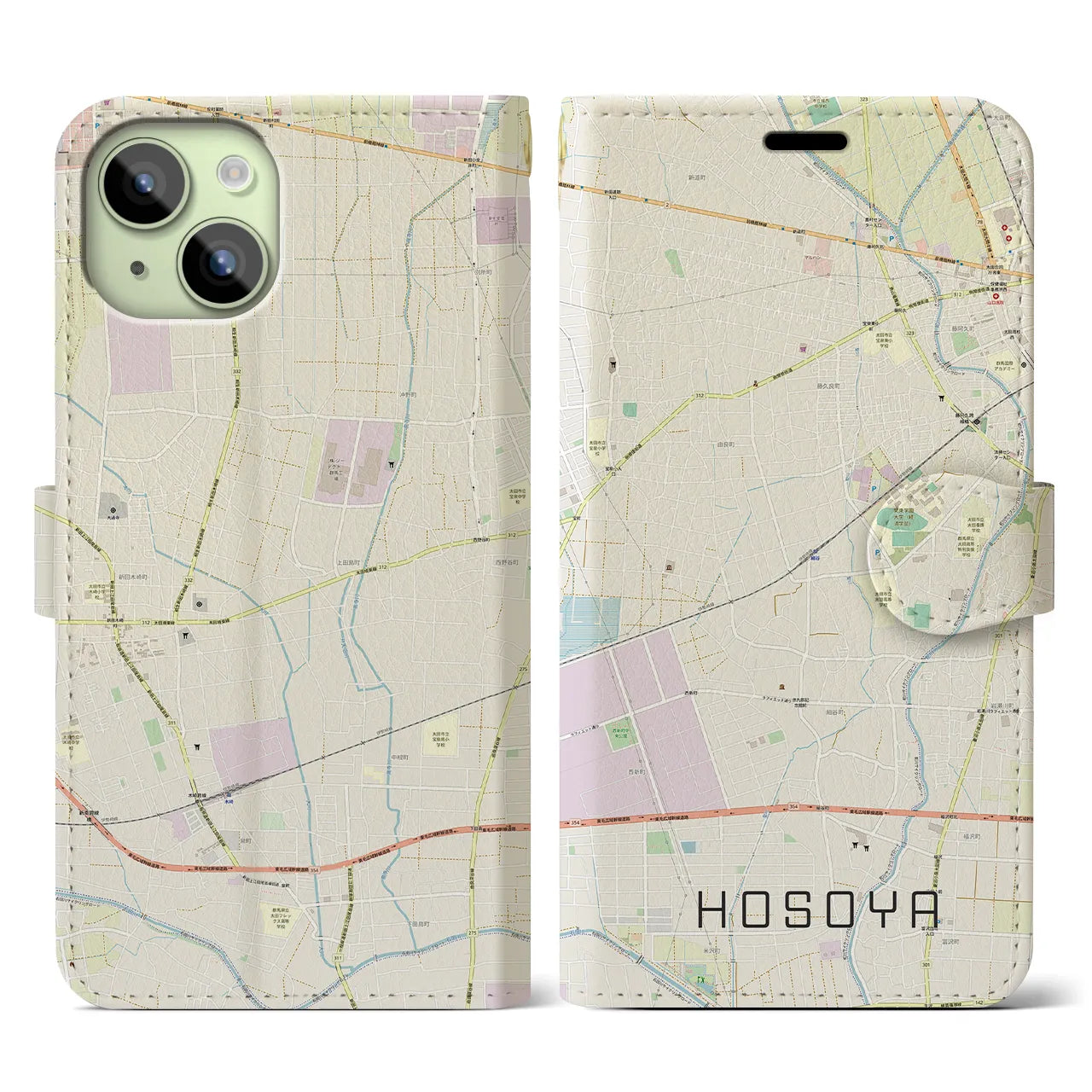 【細谷】地図柄iPhoneケース（手帳両面タイプ・ナチュラル）iPhone 15 用
