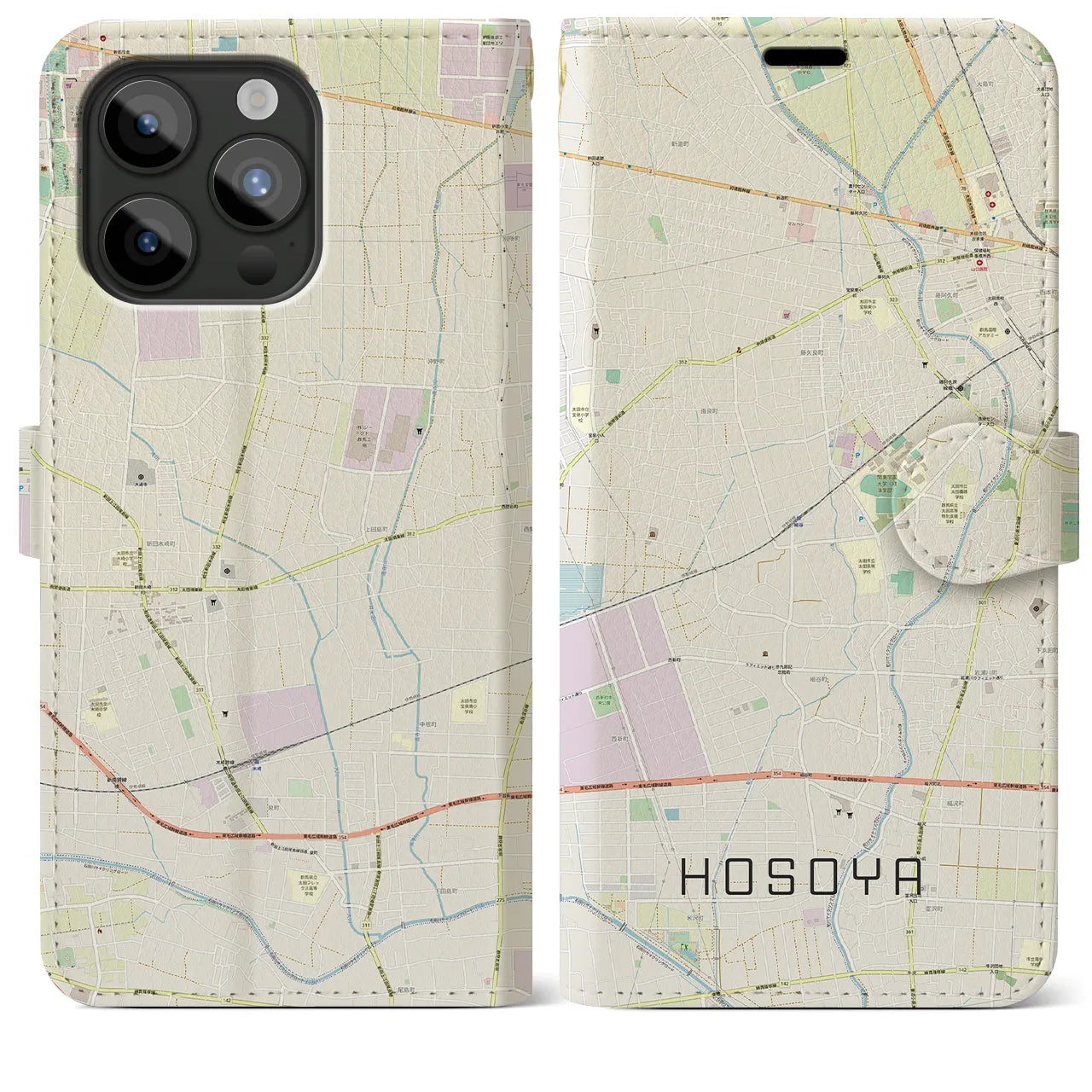 【細谷】地図柄iPhoneケース（手帳両面タイプ・ナチュラル）iPhone 15 Pro Max 用