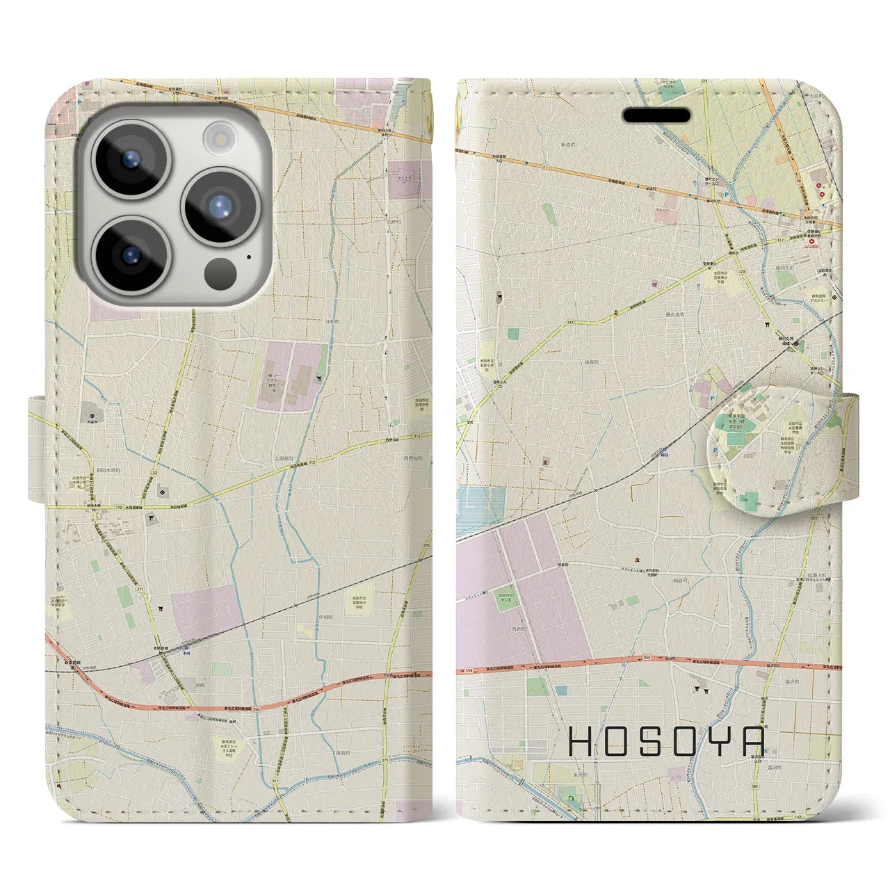 【細谷】地図柄iPhoneケース（手帳両面タイプ・ナチュラル）iPhone 15 Pro 用