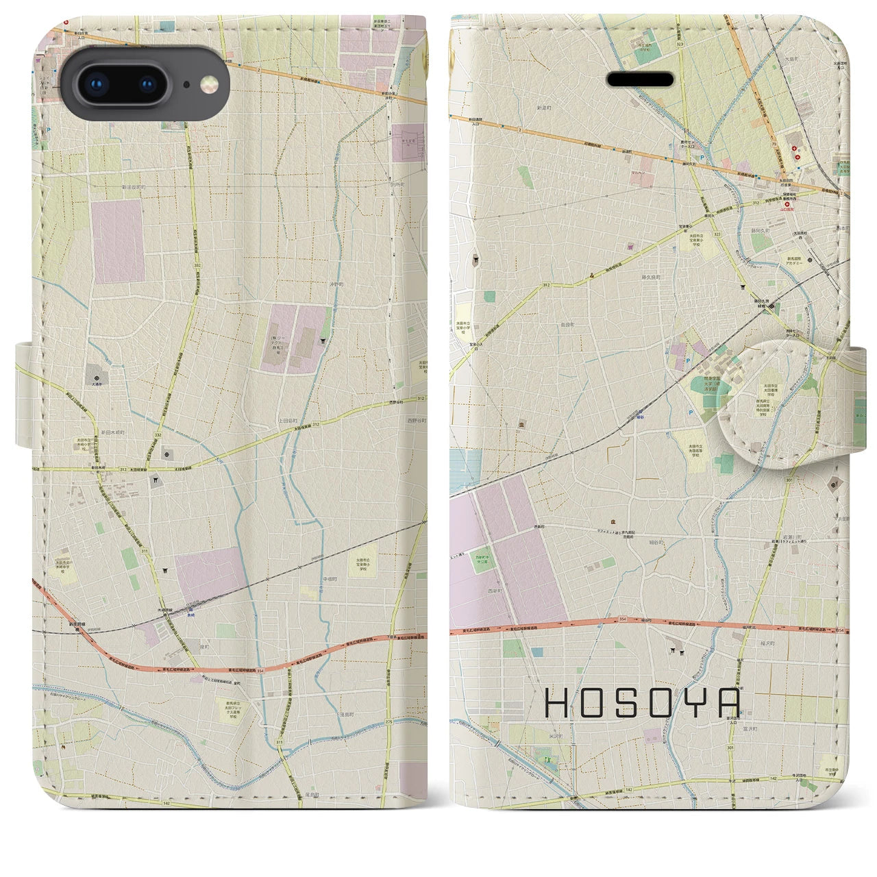 【細谷】地図柄iPhoneケース（手帳両面タイプ・ナチュラル）iPhone 8Plus /7Plus / 6sPlus / 6Plus 用