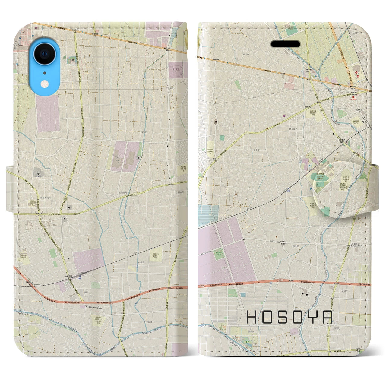 【細谷】地図柄iPhoneケース（手帳両面タイプ・ナチュラル）iPhone XR 用
