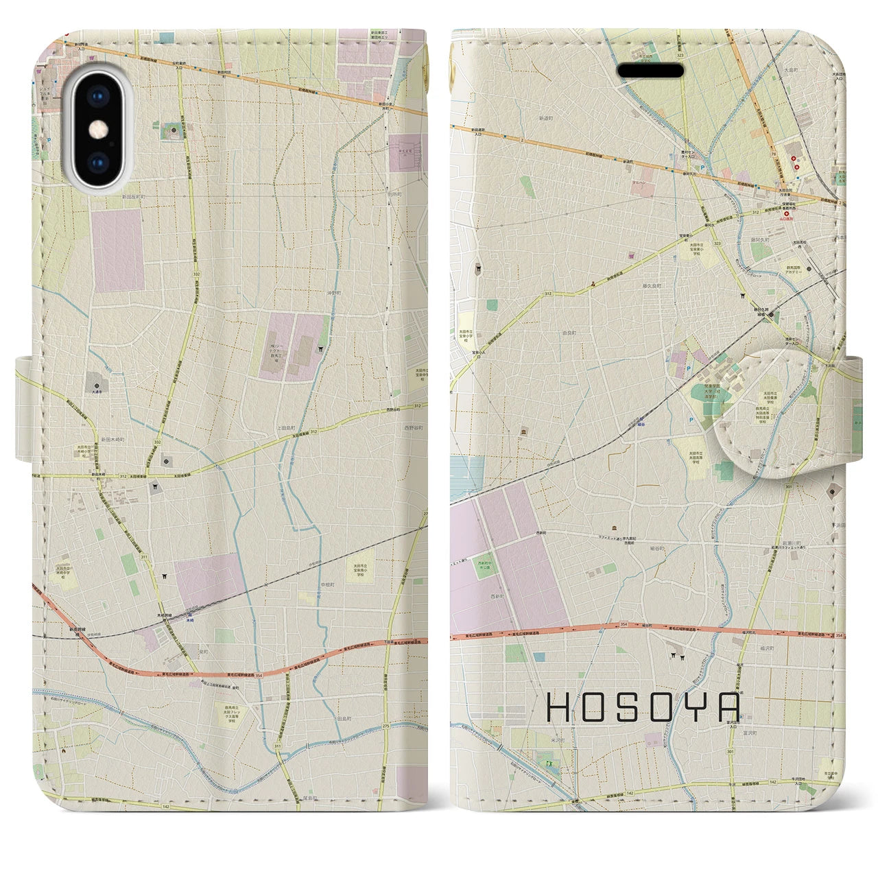 【細谷】地図柄iPhoneケース（手帳両面タイプ・ナチュラル）iPhone XS Max 用
