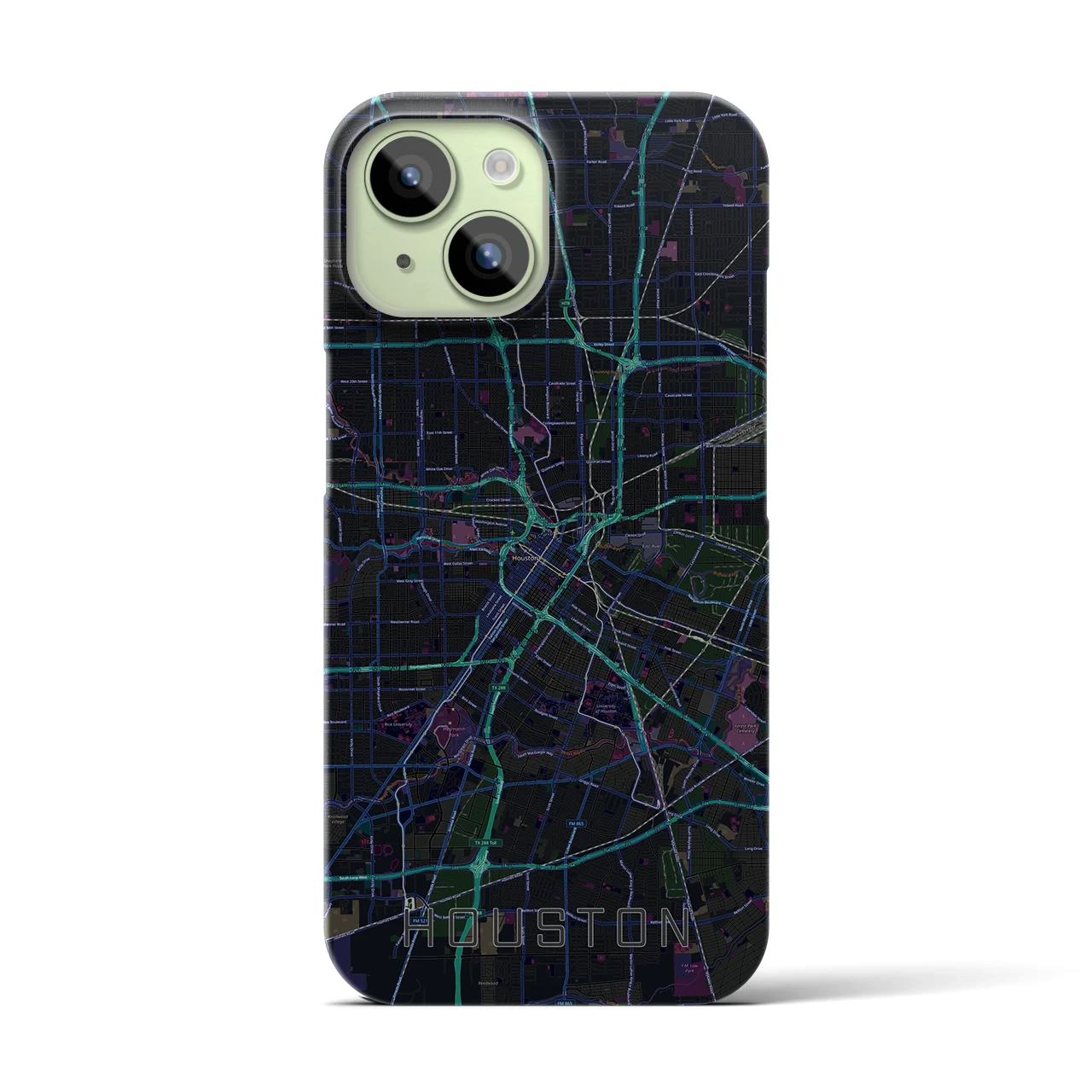 【ヒューストン】地図柄iPhoneケース（バックカバータイプ・ブラック）iPhone 15 用