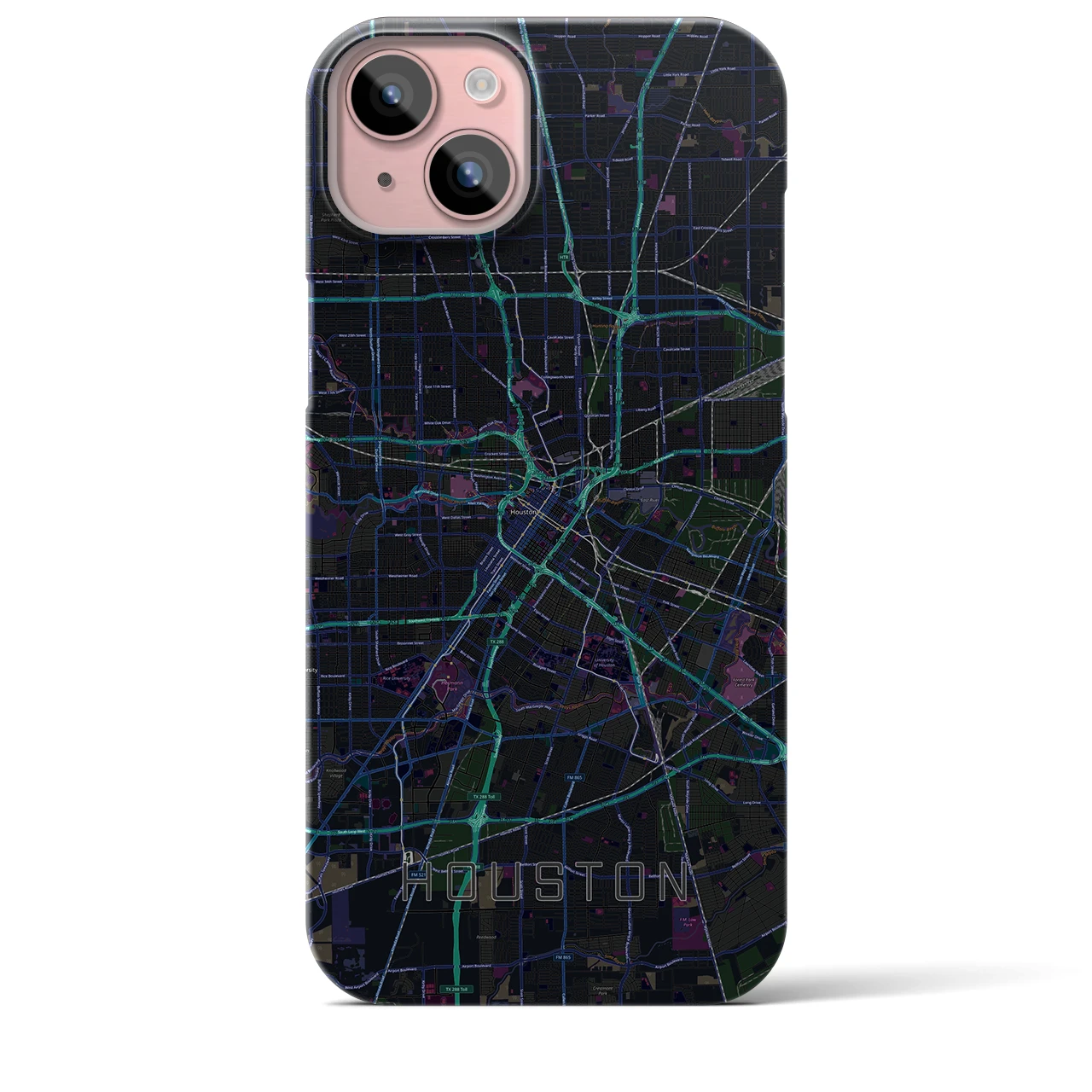 【ヒューストン】地図柄iPhoneケース（バックカバータイプ・ブラック）iPhone 15 Plus 用