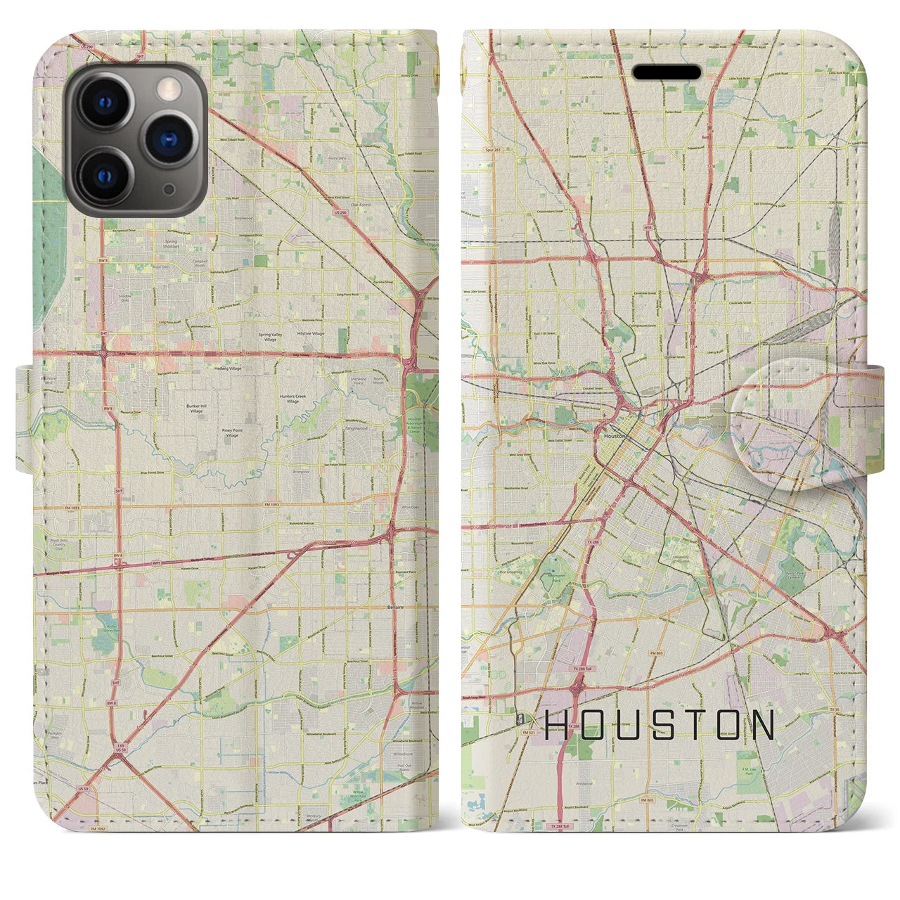 【ヒューストン】地図柄iPhoneケース（手帳両面タイプ・ナチュラル）iPhone 11 Pro Max 用