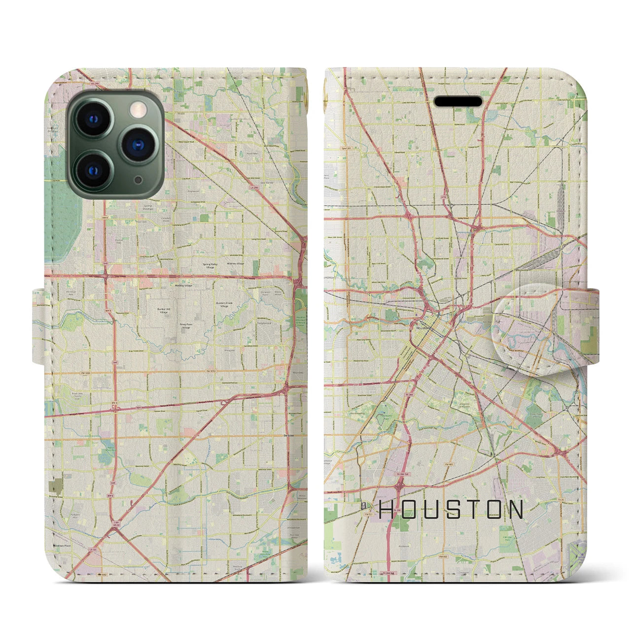 【ヒューストン】地図柄iPhoneケース（手帳両面タイプ・ナチュラル）iPhone 11 Pro 用
