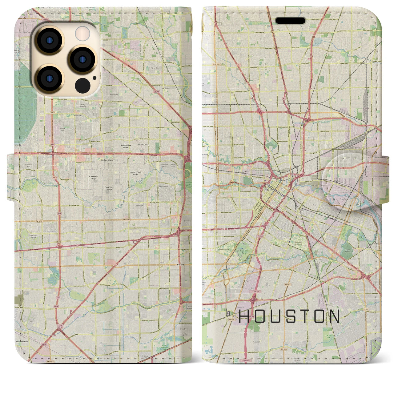 【ヒューストン】地図柄iPhoneケース（手帳両面タイプ・ナチュラル）iPhone 12 Pro Max 用