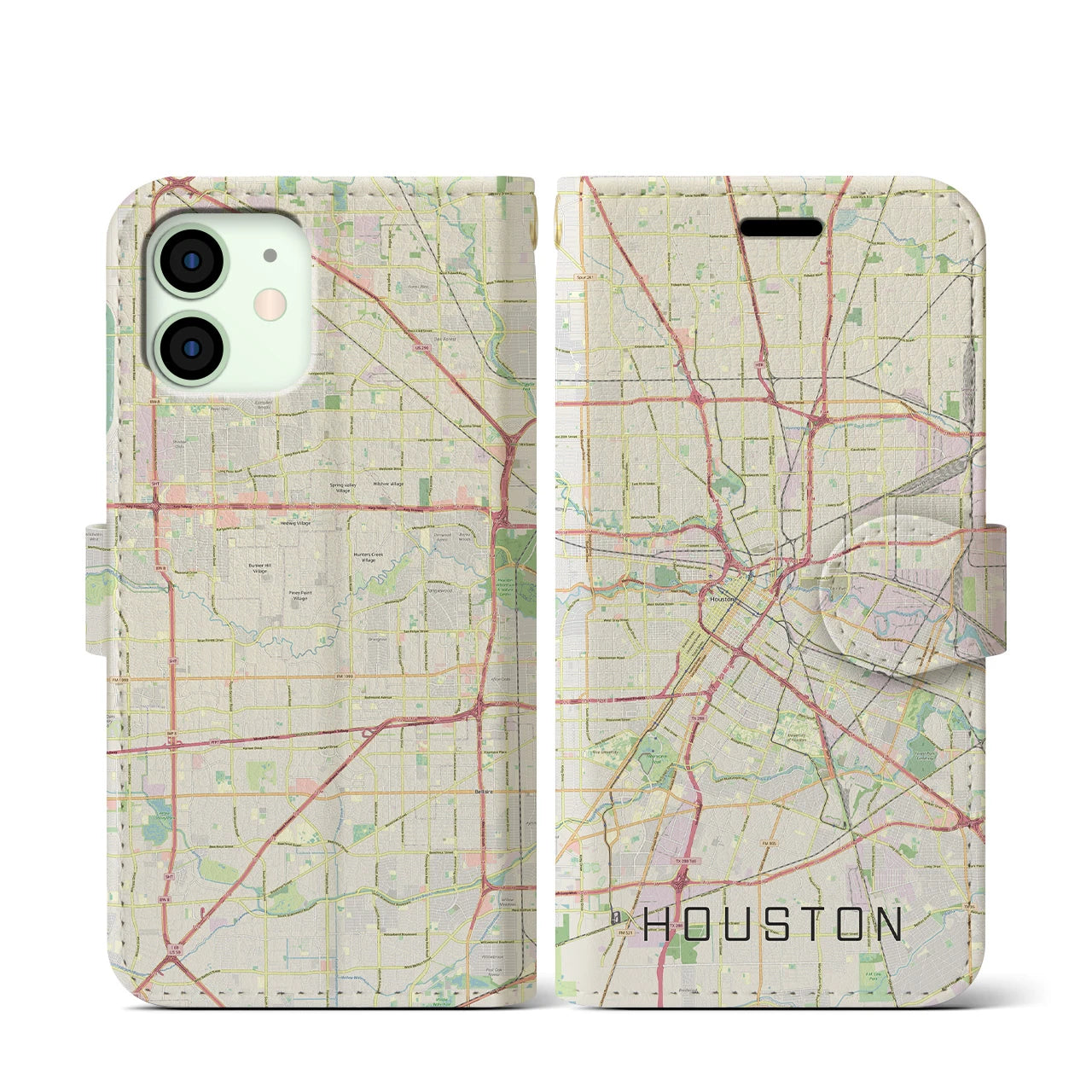【ヒューストン】地図柄iPhoneケース（手帳両面タイプ・ナチュラル）iPhone 12 mini 用