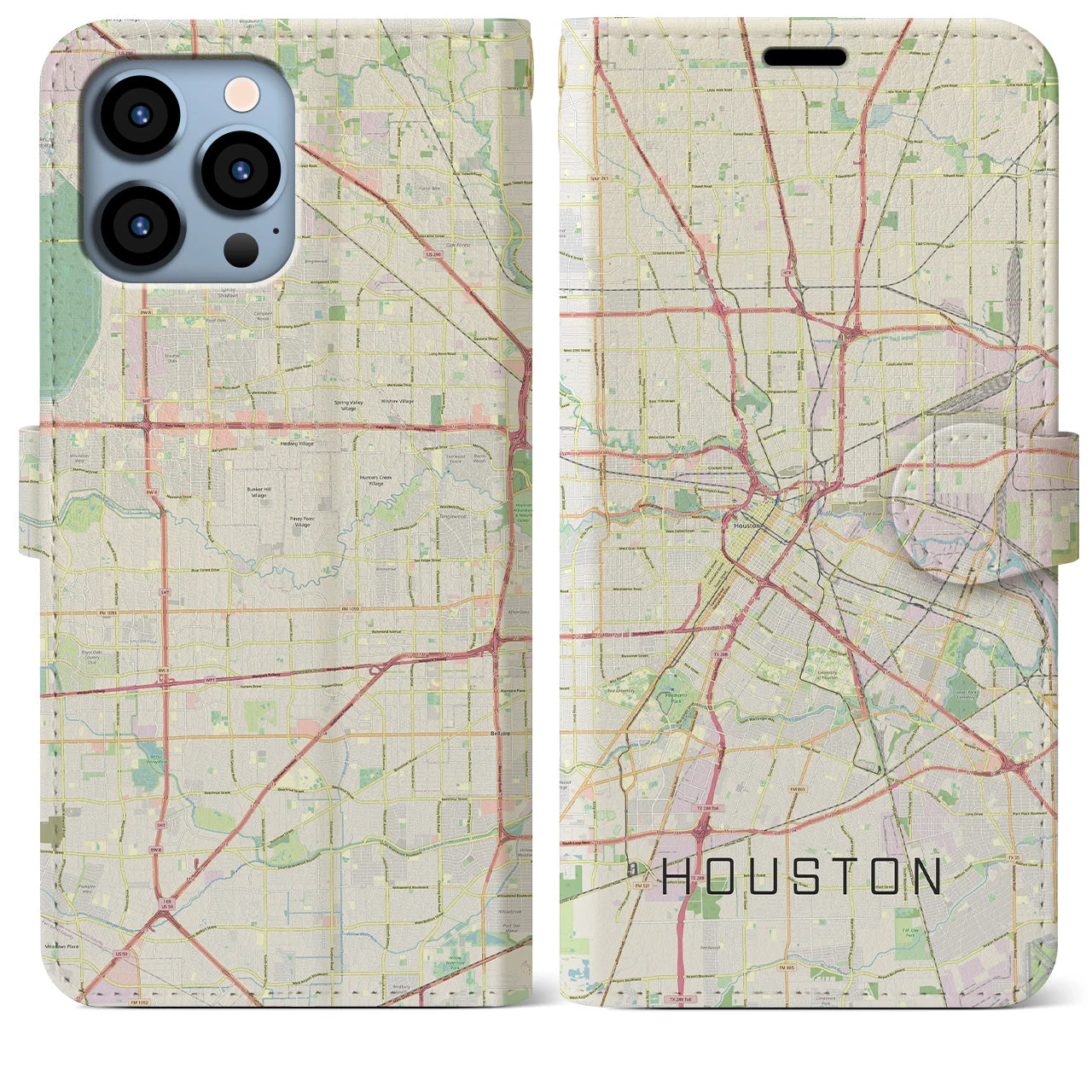【ヒューストン】地図柄iPhoneケース（手帳両面タイプ・ナチュラル）iPhone 13 Pro Max 用