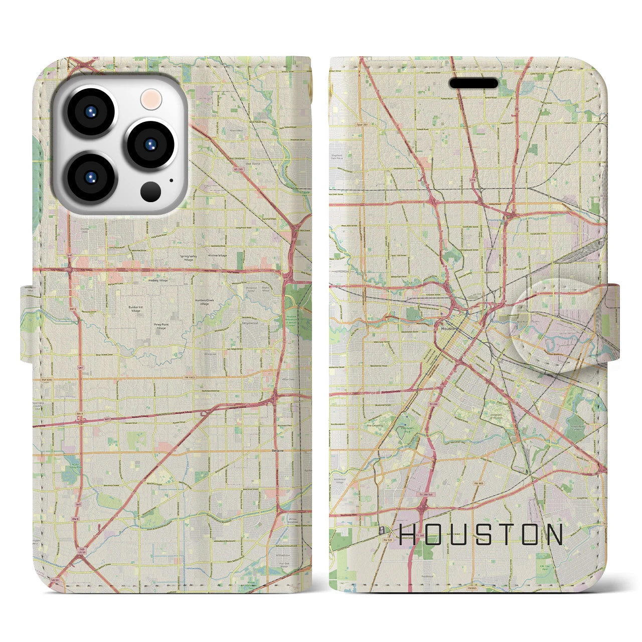 【ヒューストン】地図柄iPhoneケース（手帳両面タイプ・ナチュラル）iPhone 13 Pro 用