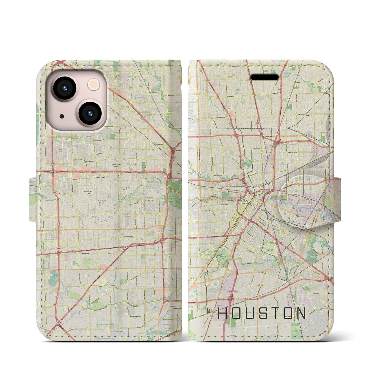 【ヒューストン】地図柄iPhoneケース（手帳両面タイプ・ナチュラル）iPhone 13 mini 用