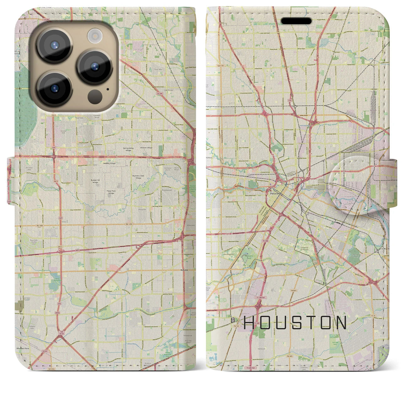 【ヒューストン】地図柄iPhoneケース（手帳両面タイプ・ナチュラル）iPhone 14 Pro Max 用