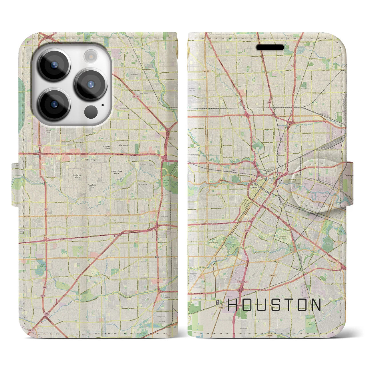 【ヒューストン】地図柄iPhoneケース（手帳両面タイプ・ナチュラル）iPhone 14 Pro 用