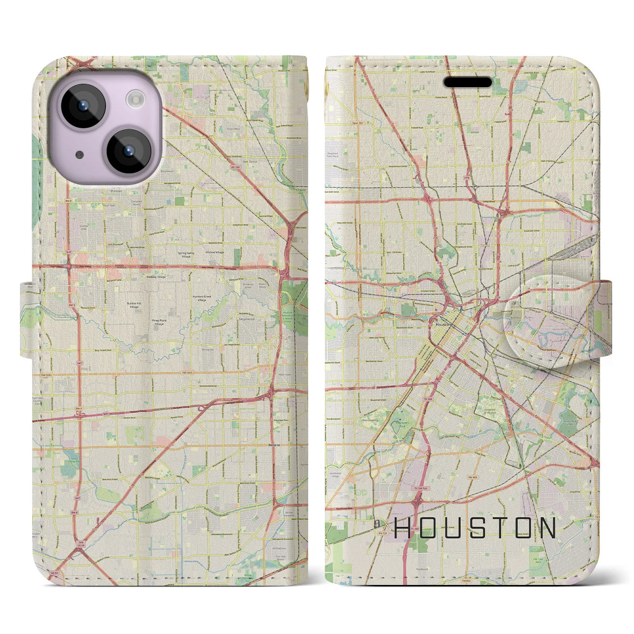 【ヒューストン】地図柄iPhoneケース（手帳両面タイプ・ナチュラル）iPhone 14 用