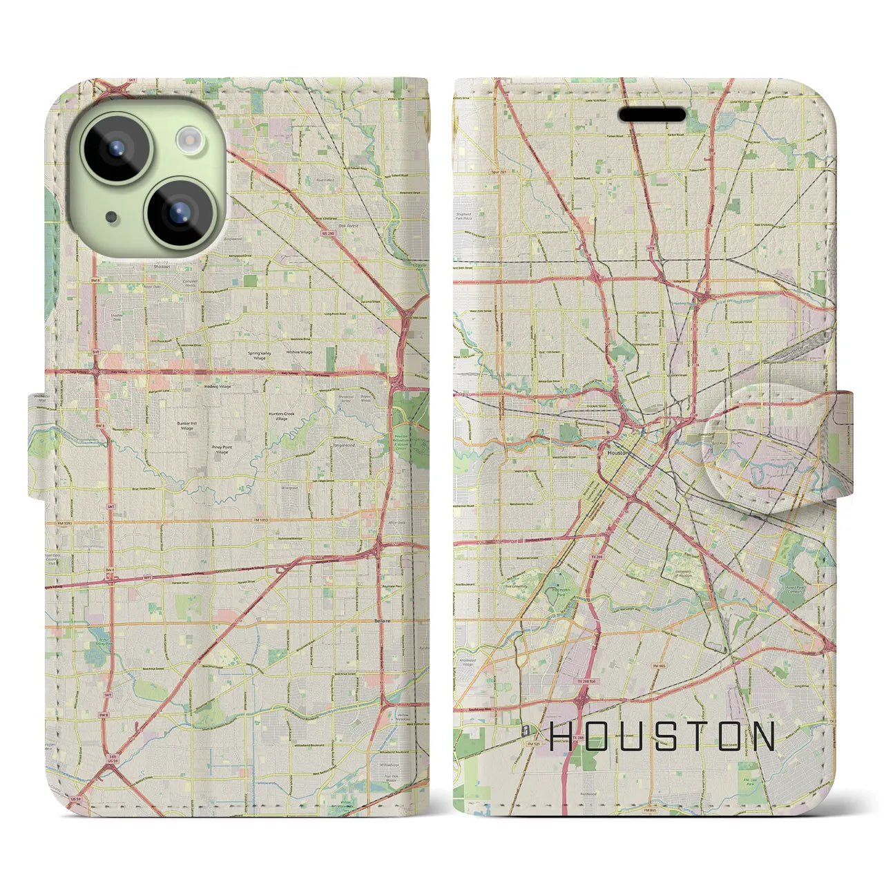 【ヒューストン】地図柄iPhoneケース（手帳両面タイプ・ナチュラル）iPhone 15 用