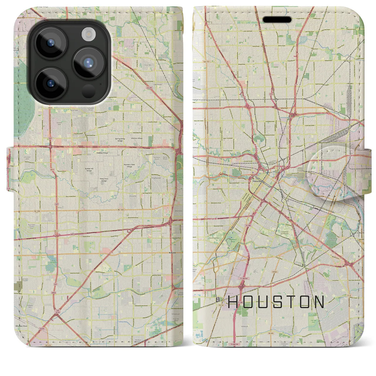 【ヒューストン】地図柄iPhoneケース（手帳両面タイプ・ナチュラル）iPhone 15 Pro Max 用