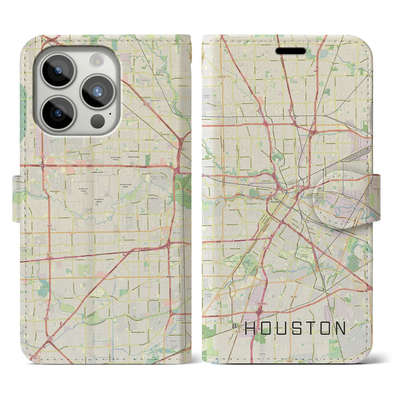 【ヒューストン】地図柄iPhoneケース（手帳両面タイプ・ナチュラル）iPhone 15 Pro 用