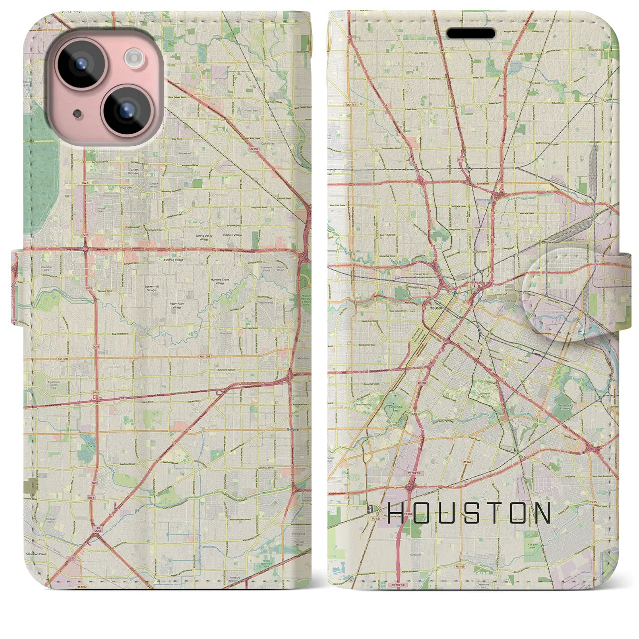 【ヒューストン】地図柄iPhoneケース（手帳両面タイプ・ナチュラル）iPhone 15 Plus 用