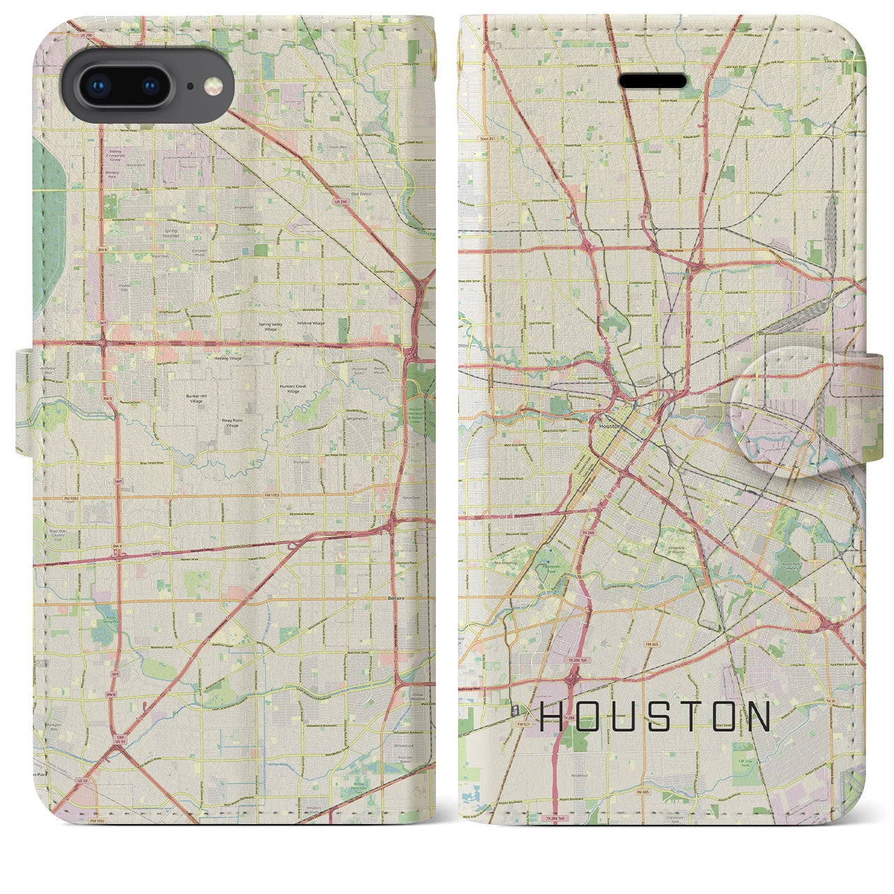 【ヒューストン】地図柄iPhoneケース（手帳両面タイプ・ナチュラル）iPhone 8Plus /7Plus / 6sPlus / 6Plus 用