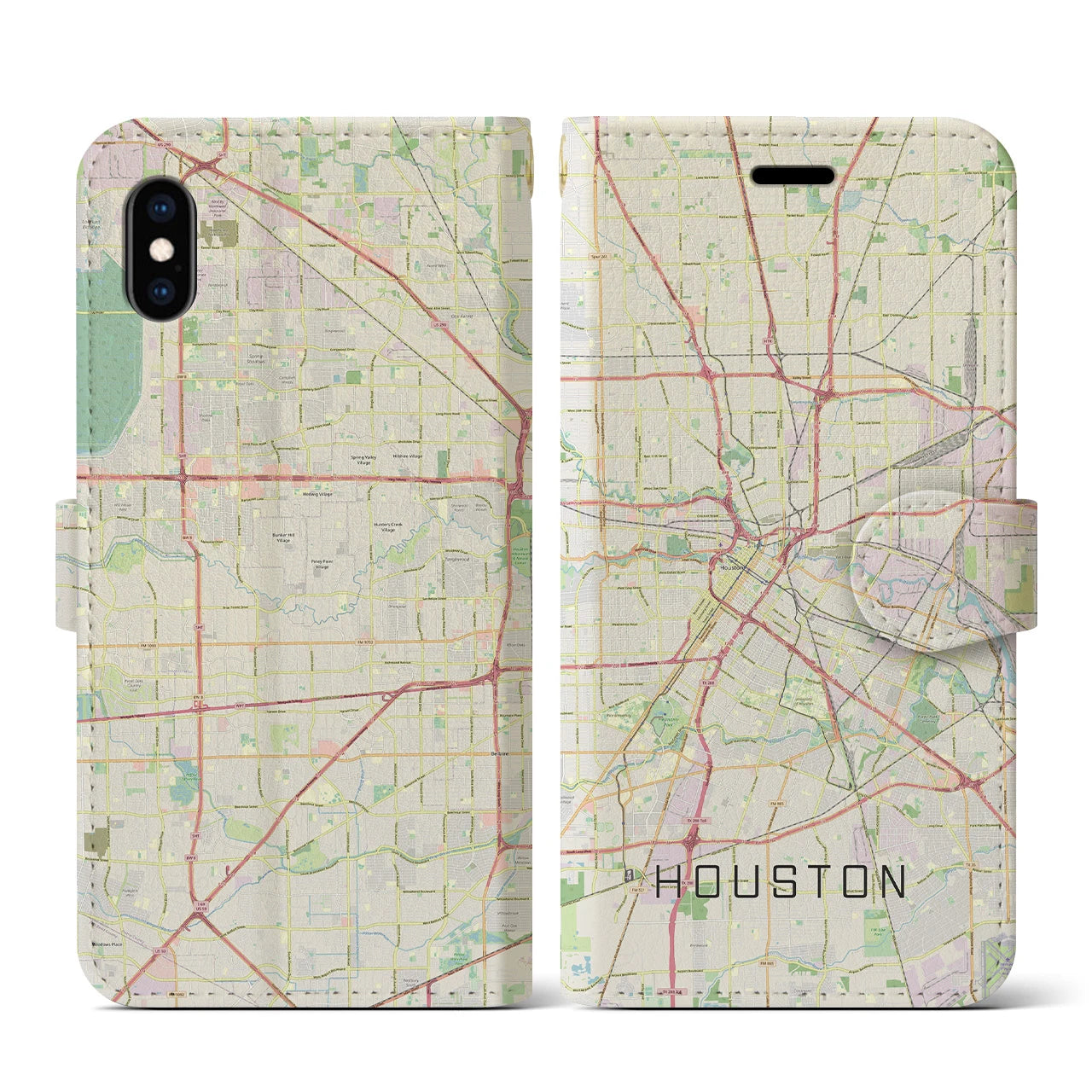 【ヒューストン】地図柄iPhoneケース（手帳両面タイプ・ナチュラル）iPhone XS / X 用