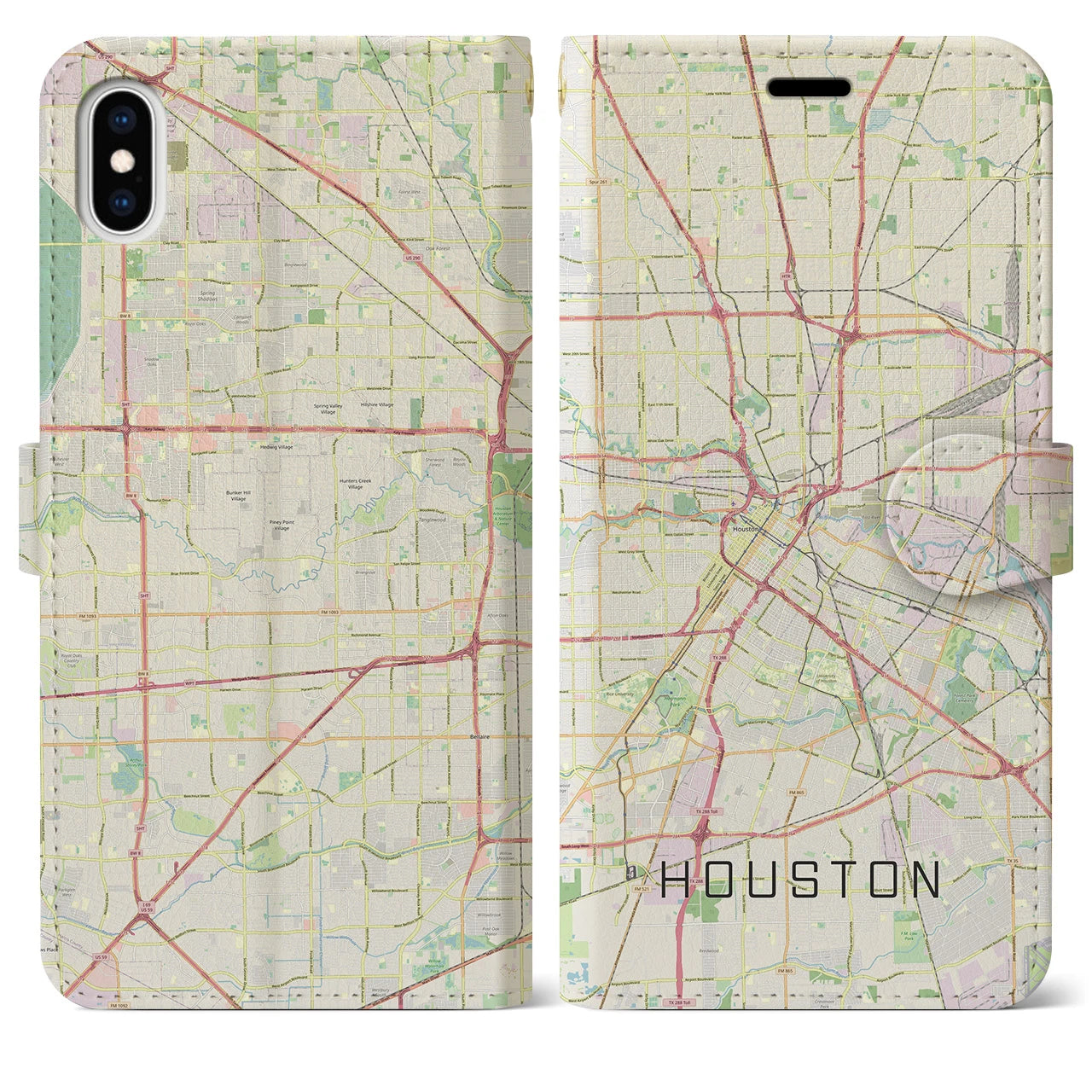 【ヒューストン】地図柄iPhoneケース（手帳両面タイプ・ナチュラル）iPhone XS Max 用