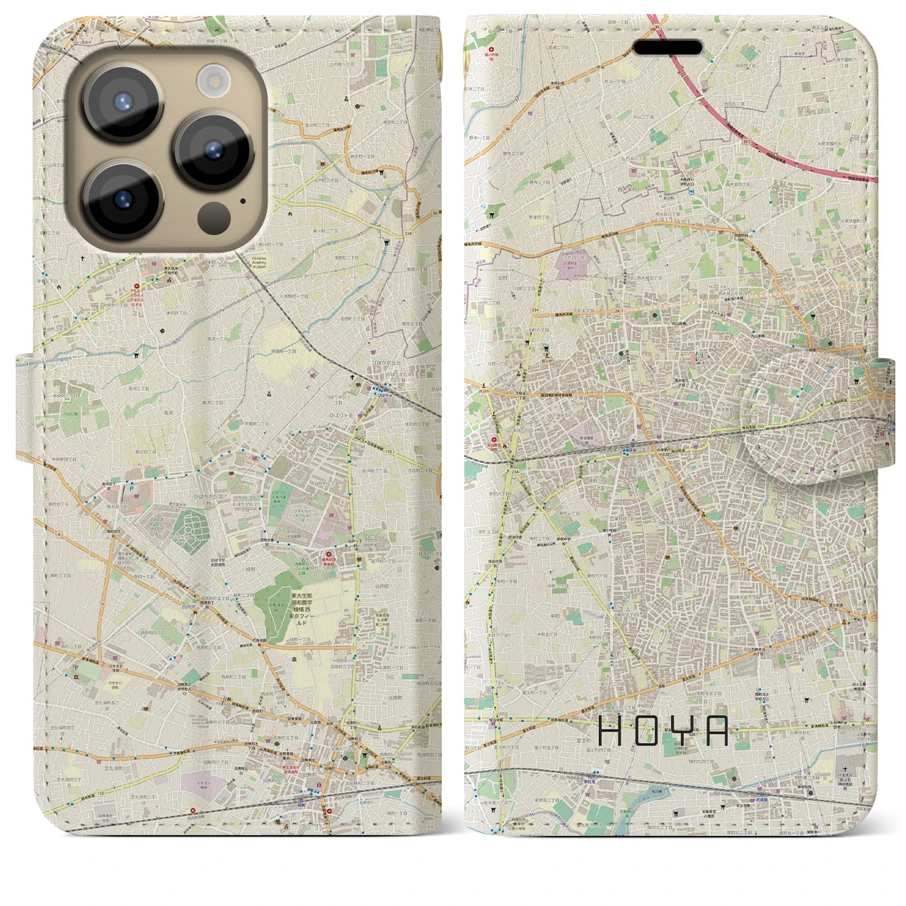 【保谷】地図柄iPhoneケース（手帳両面タイプ・ナチュラル）iPhone 14 Pro Max 用