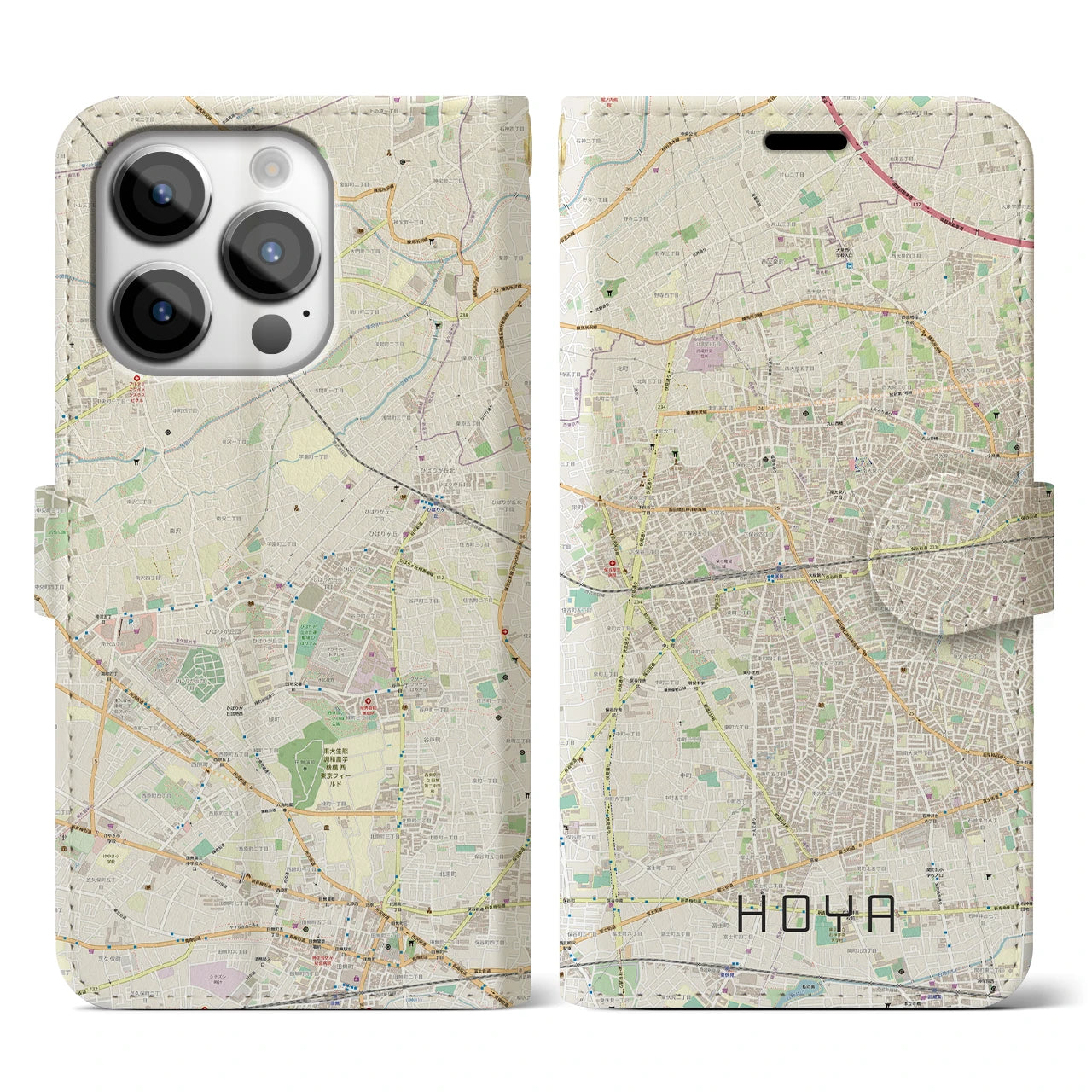 【保谷】地図柄iPhoneケース（手帳両面タイプ・ナチュラル）iPhone 14 Pro 用