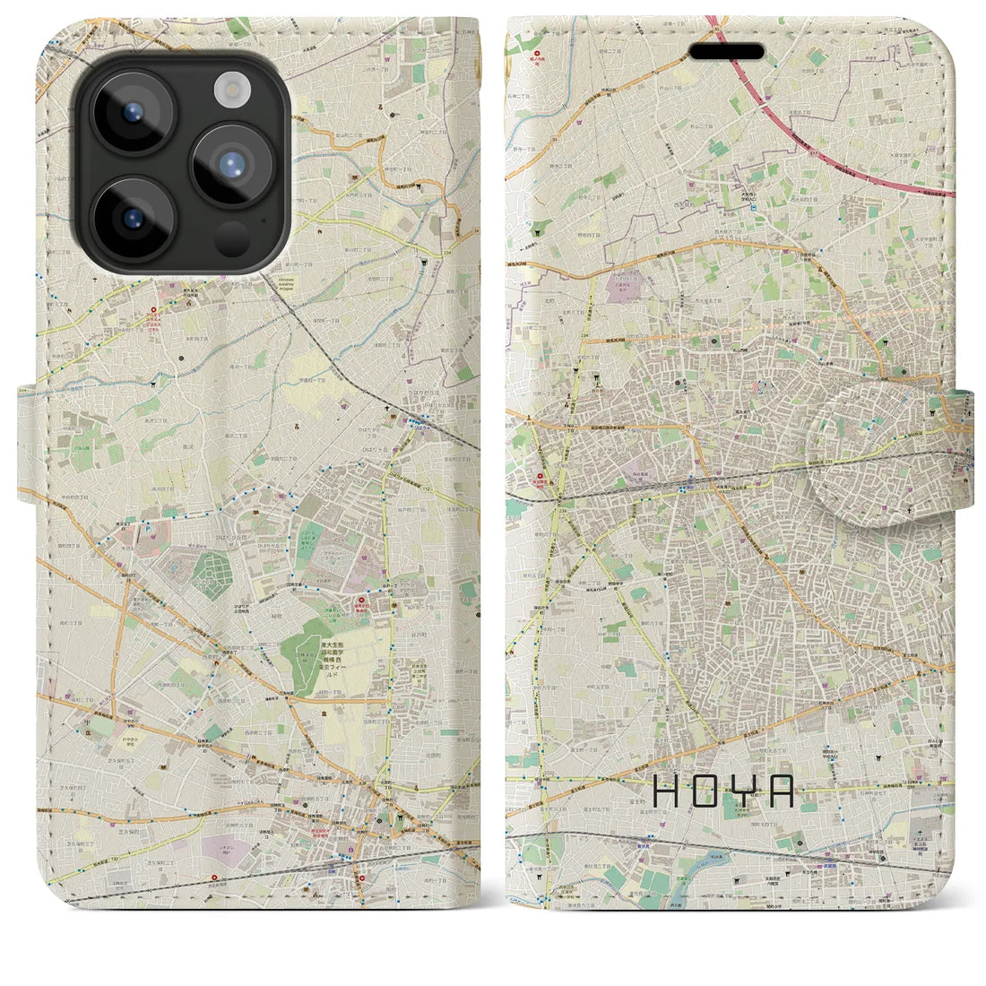 【保谷】地図柄iPhoneケース（手帳両面タイプ・ナチュラル）iPhone 15 Pro Max 用