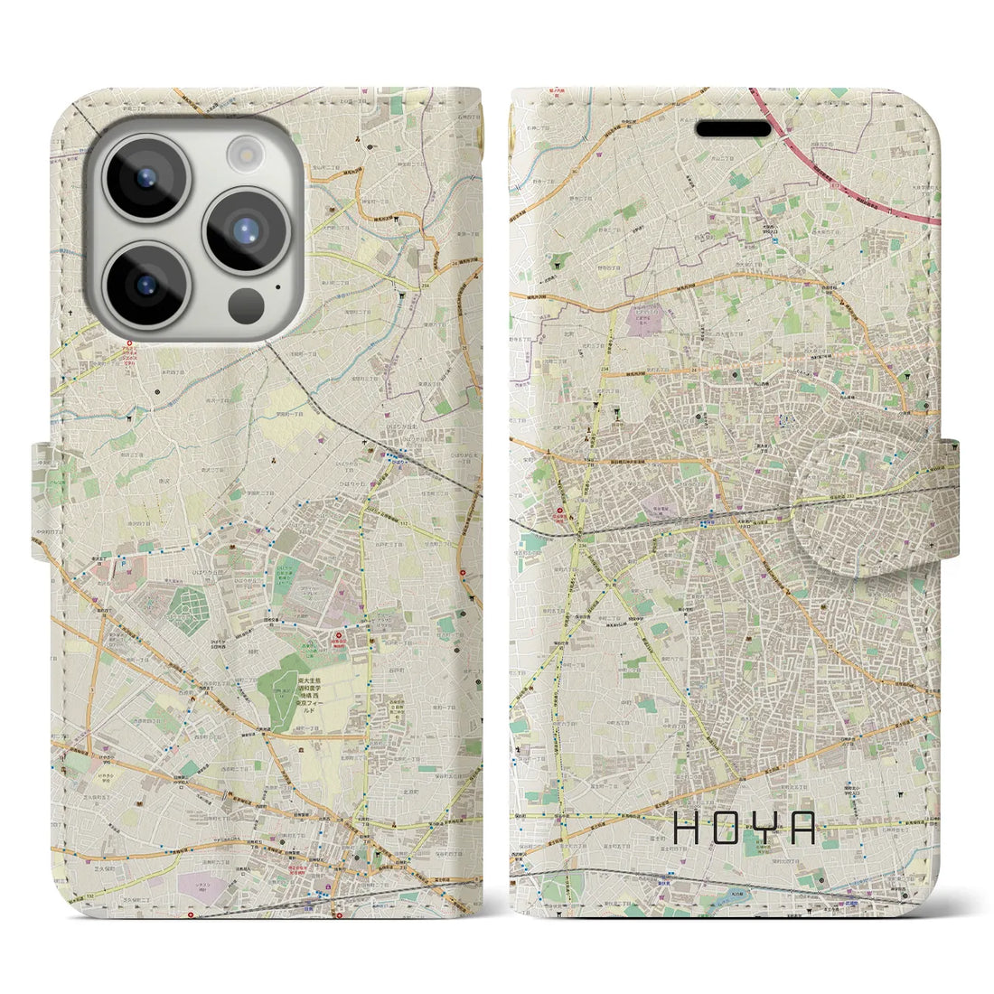 【保谷】地図柄iPhoneケース（手帳両面タイプ・ナチュラル）iPhone 15 Pro 用