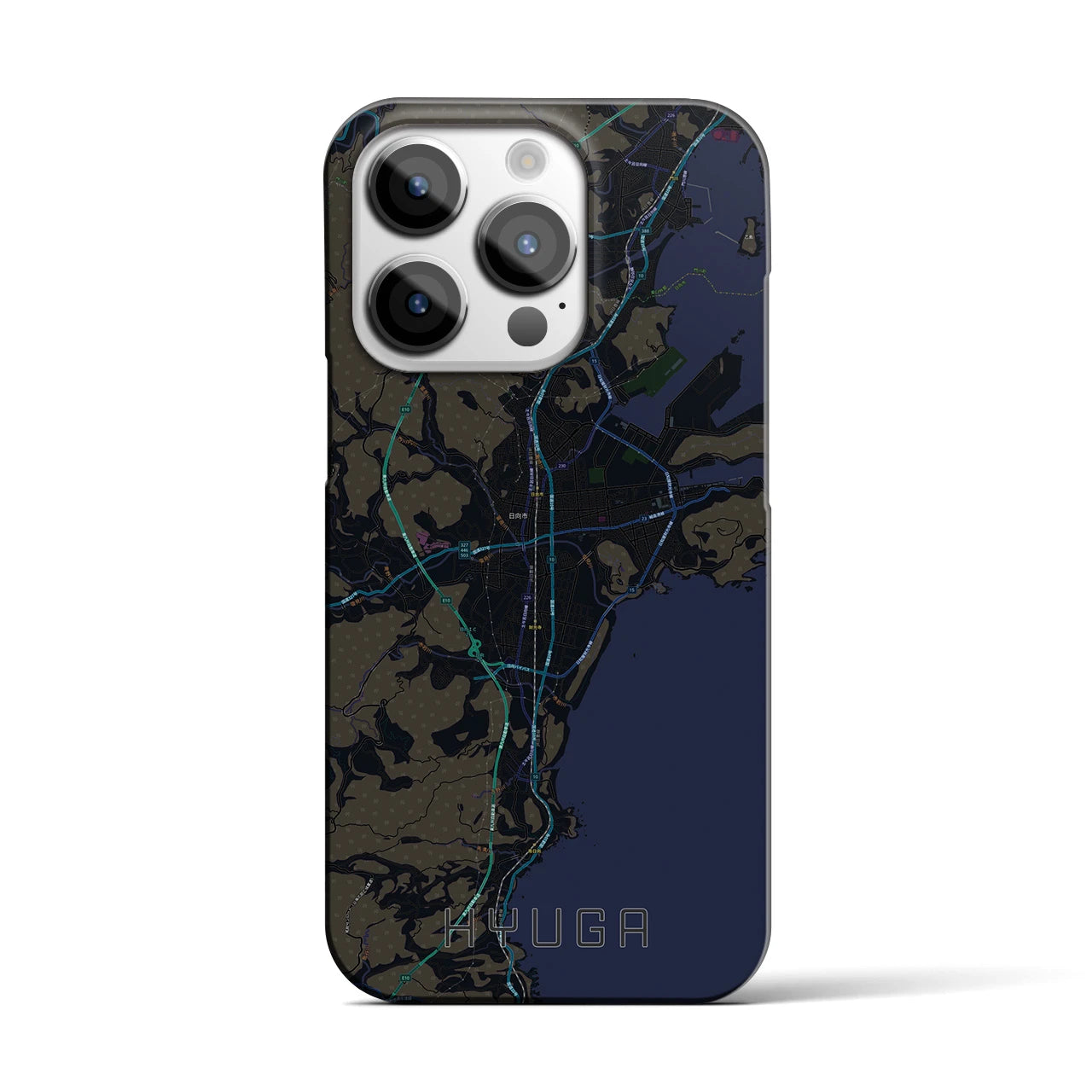 【日向】地図柄iPhoneケース（バックカバータイプ・ブラック）iPhone 14 Pro 用